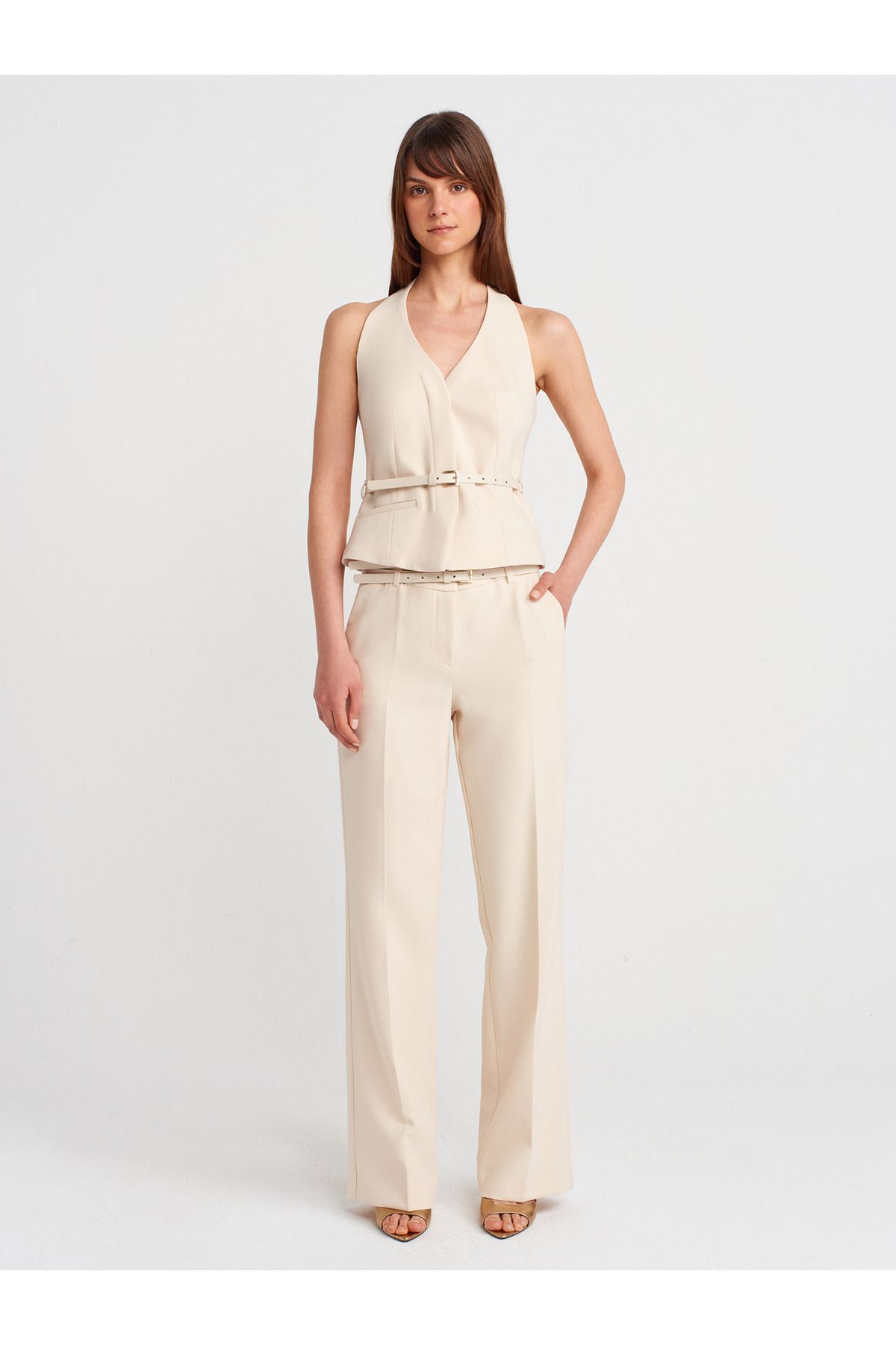 Dilvin 71654 Çift Kemerli Pantolon-Ekru