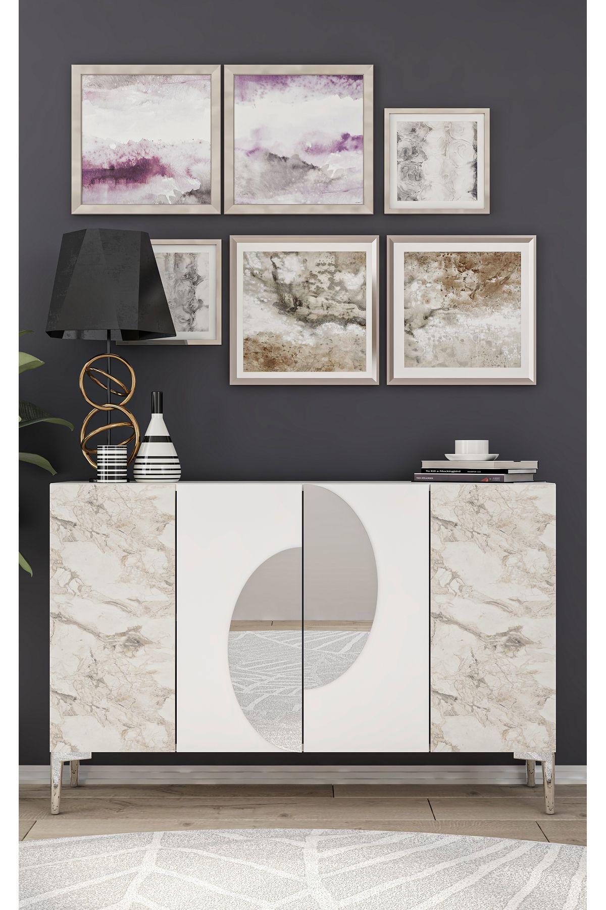 DemonteHome Afradh (KM120) Konsol,çok Amaçlı Dolap Beyaz-efesmermer-gümüş