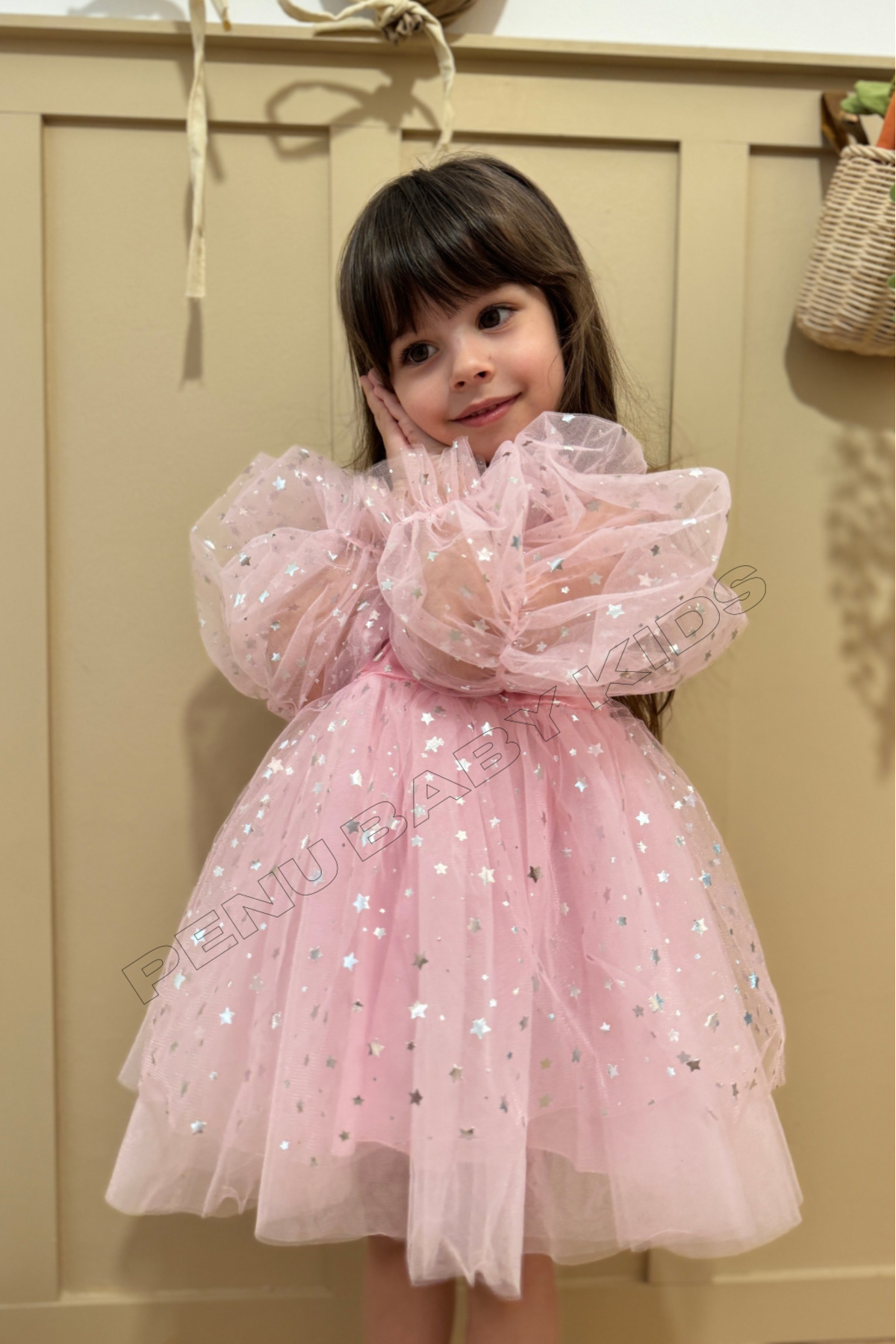 penu baby kids Pembe Balon Kol Yıldızlı Tül Uzun Kol Kız Çocuk Elbise fotoğrafı 5 (önizleme)