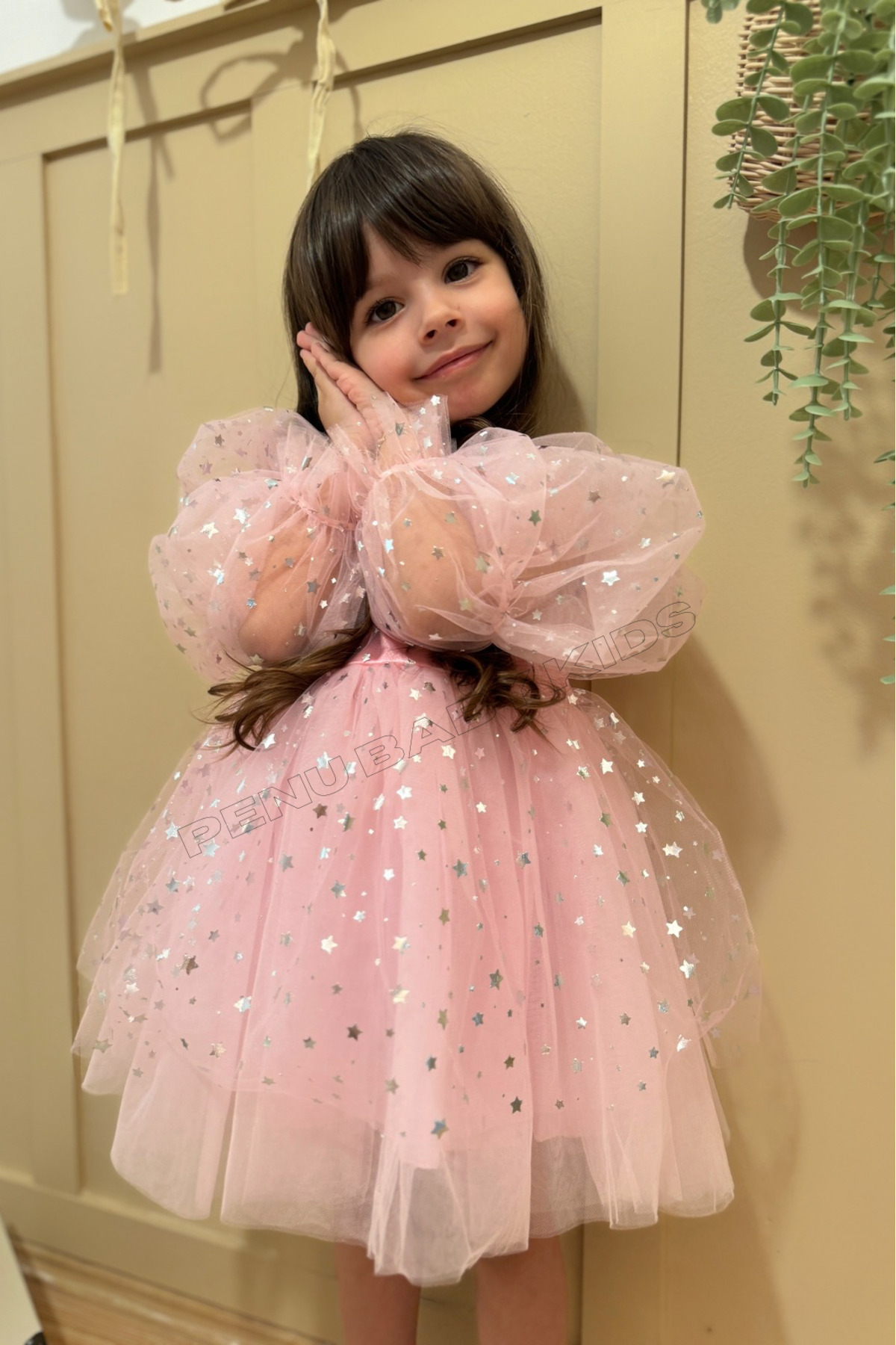penu baby kids Pembe Balon Kol Yıldızlı Tül Uzun Kol Kız Çocuk Elbise fotoğrafı 6 (önizleme)