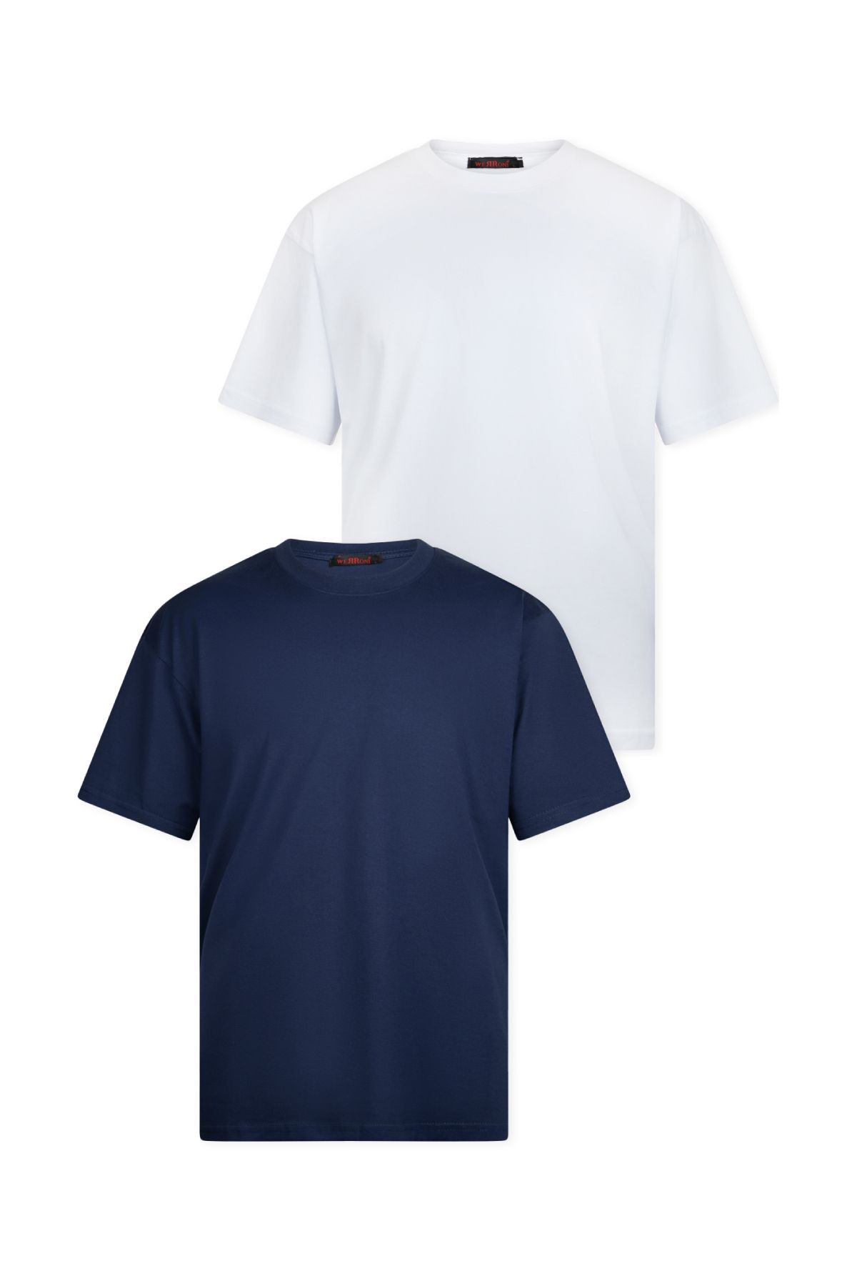 WERRONİ 2'li Massimo Kalın Tok Basic T-Shirt - Lacivert - Beyaz