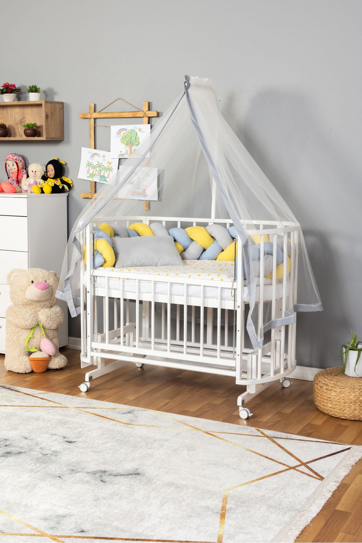 Carino Wins Ahşap Beşik Anne Yanı Yeni Doğan Papatya Beyaz Bebek Beşiği SARI MAVİ ÖRGÜ UYKU SETLİ+TEKER