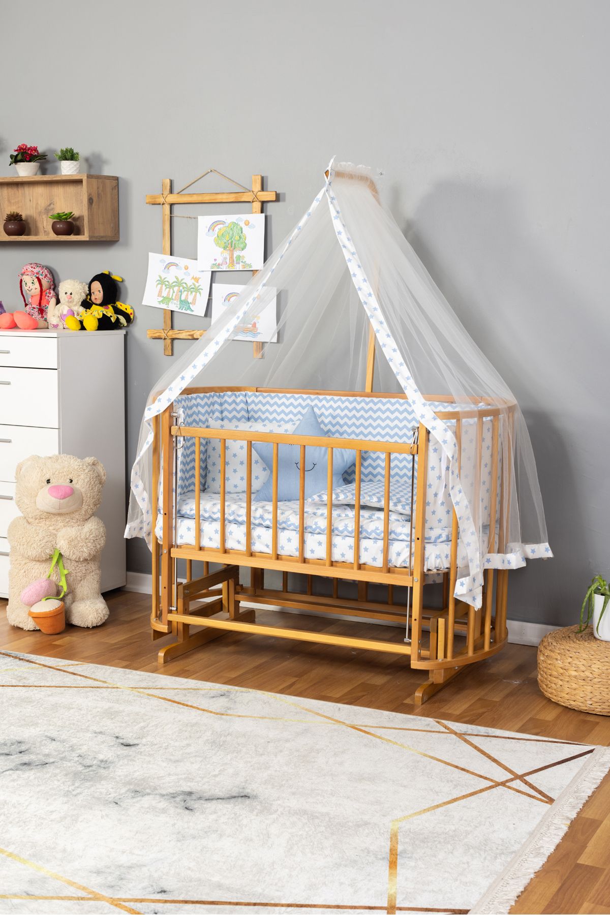Carino Wins Ahşap Beşik Anne Yanı Yeni Doğan Papatya Doğal Bebek Beşiği MAVİ YILDIZ UYKU SETLİ