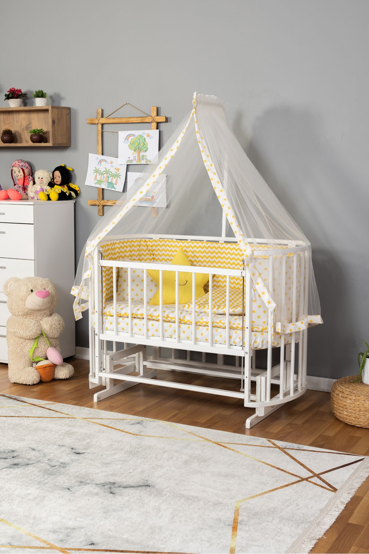 Carino Wins Ahşap Beşik Anne Yanı Yeni Doğan Papatya Beyaz Bebek Beşiği SARI YILDIZ UYKU SETLİ