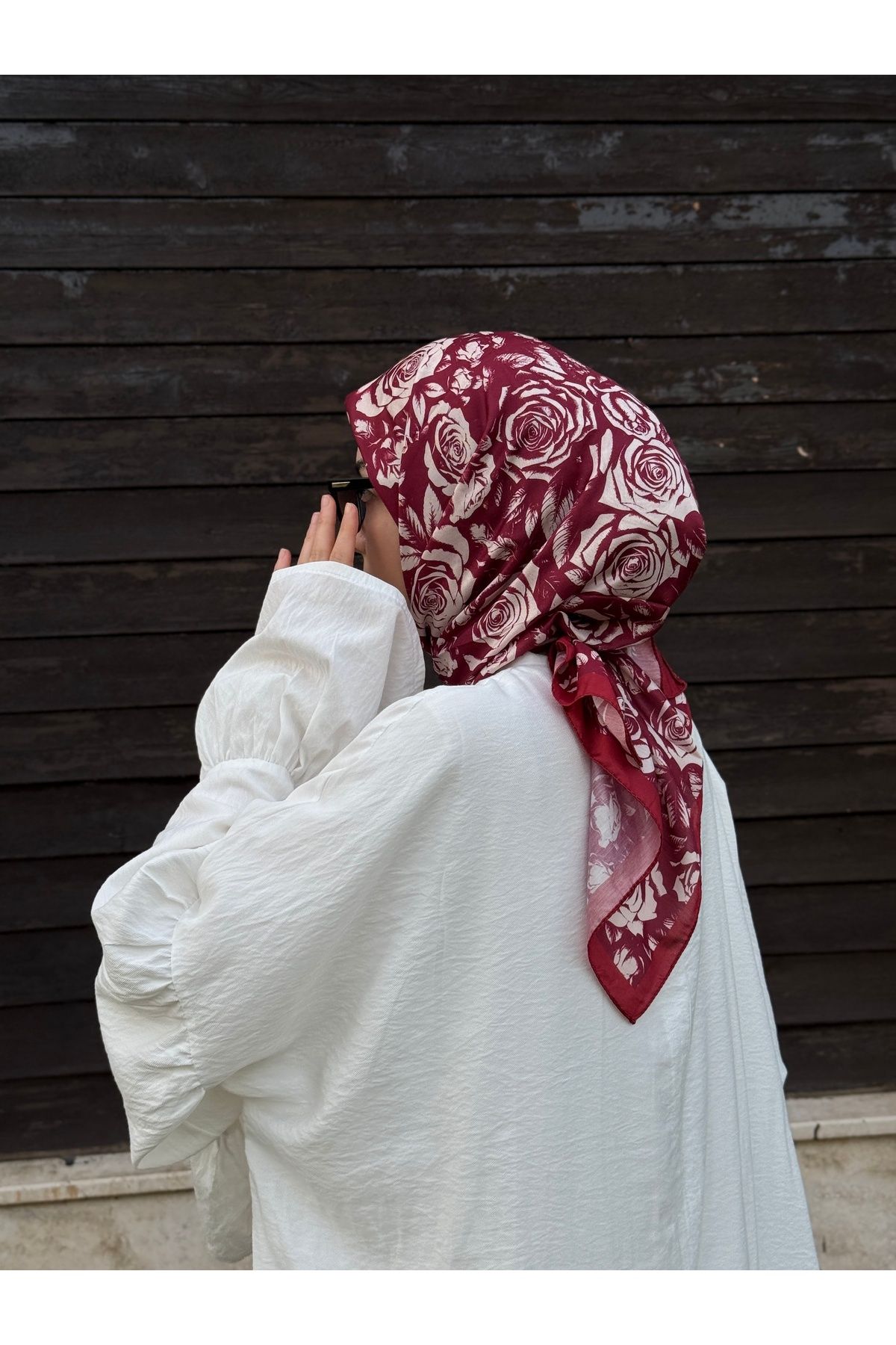 Qalortex Scarf Pamuklu Soft Roza Desen Eşarp-Bordo