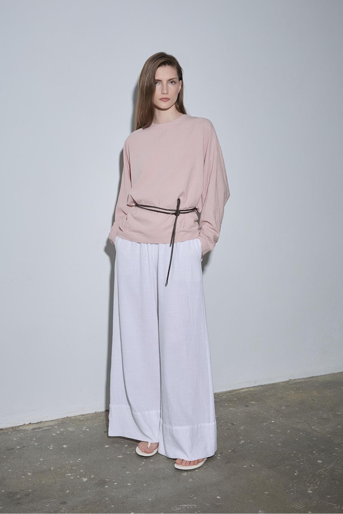 Suud Collection Beyaz Serin Palazzo Keten Pantolon
