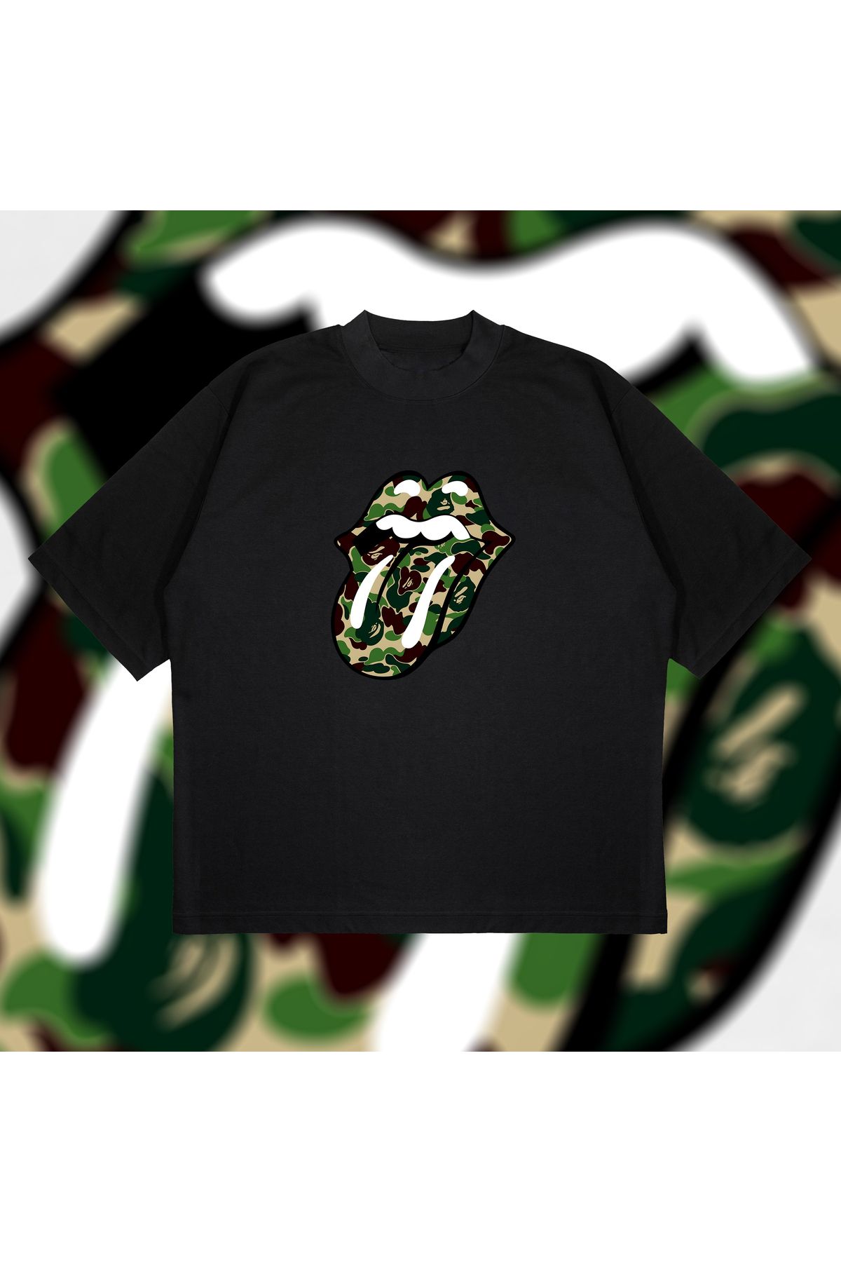 Tarzsokak A Bathing Ape X Rolling Stones Green Boxy Fit Oversize Unisex Tshirt – Baskılı Tiş