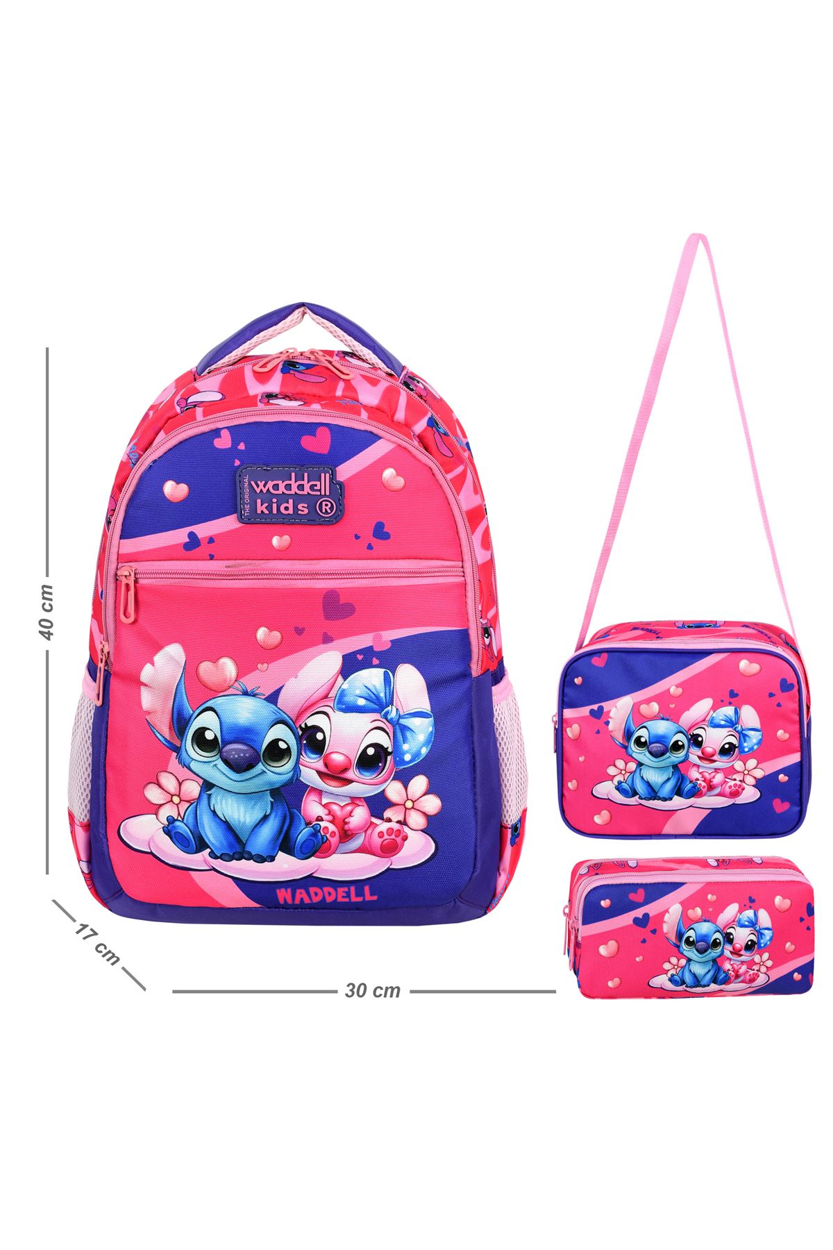 Royal Glow Desenli Stitch Temalı Stiç desenli Kombin İlkokul Çantası ve Beslenme Çantası ve Kalemlik
