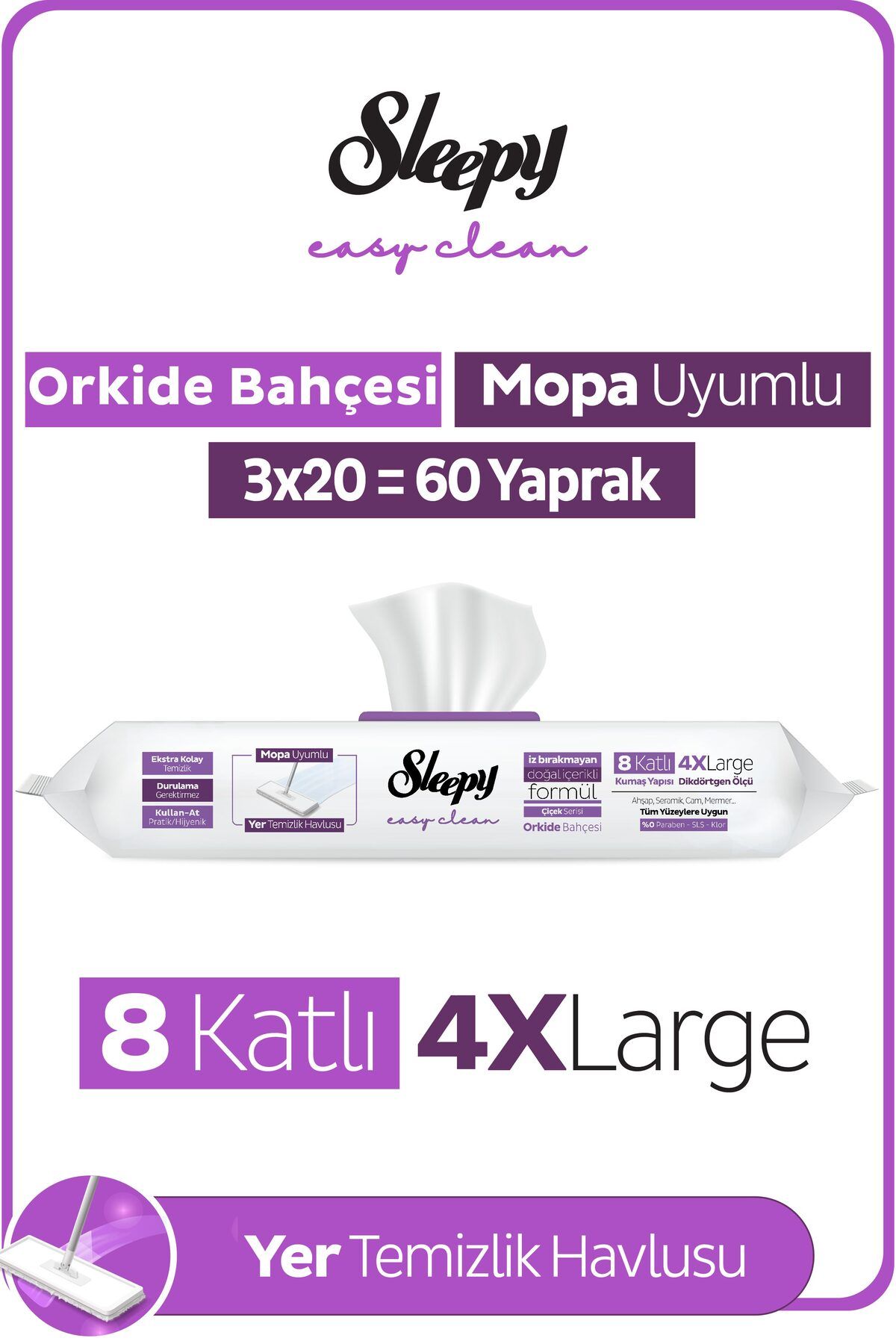 Sleepy Easy Clean Orkide Bahçesi Mopa Uyumlu Yer Temizlik Havlusu&Mendili 3X20 (60 Yaprak)