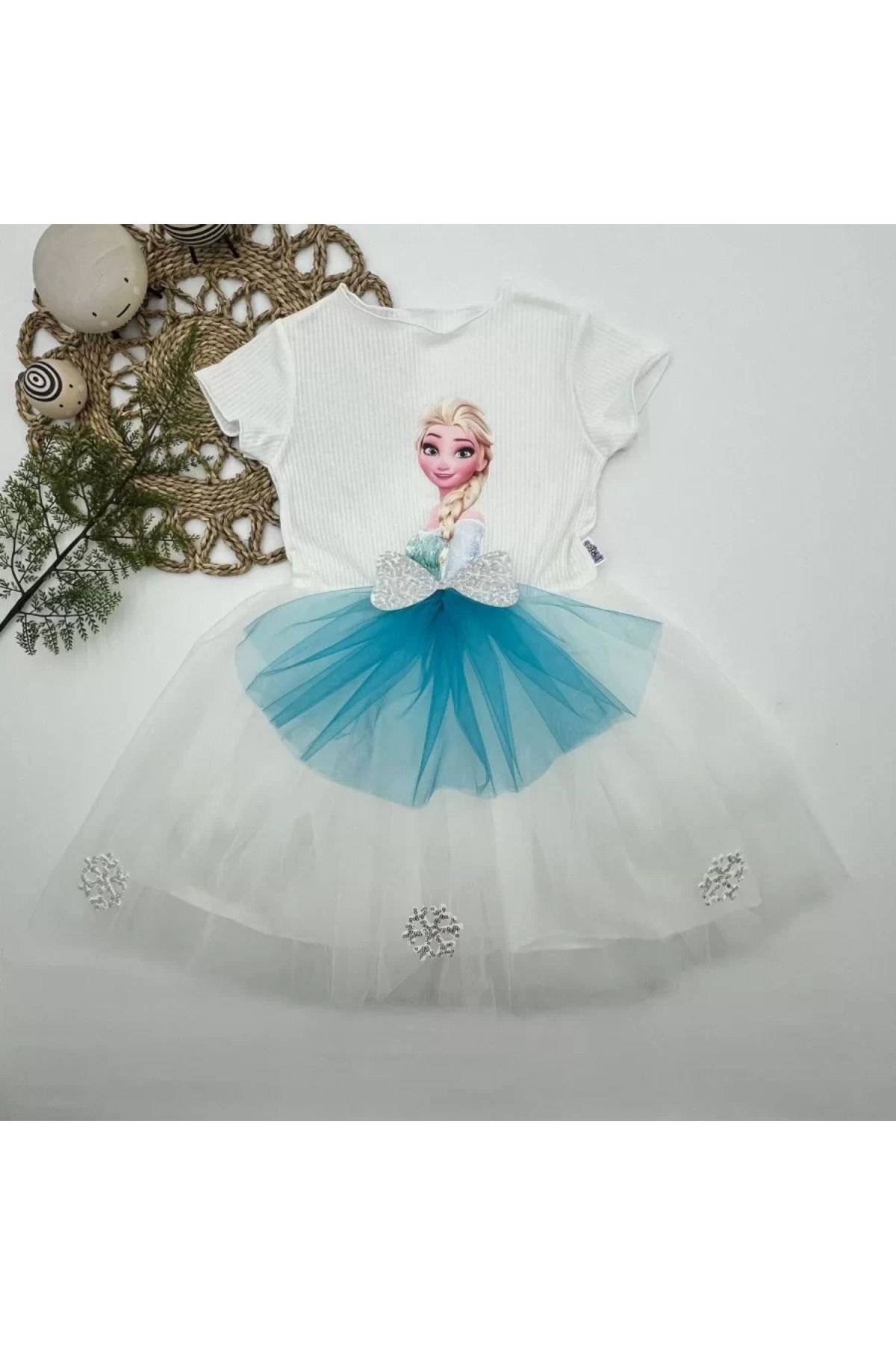 onlinebutik Elsa Desenli Fiyonklu Tül Etekli Astarlı Kısa Kollu Kız Çocuk Tütü Elbise Beyaz