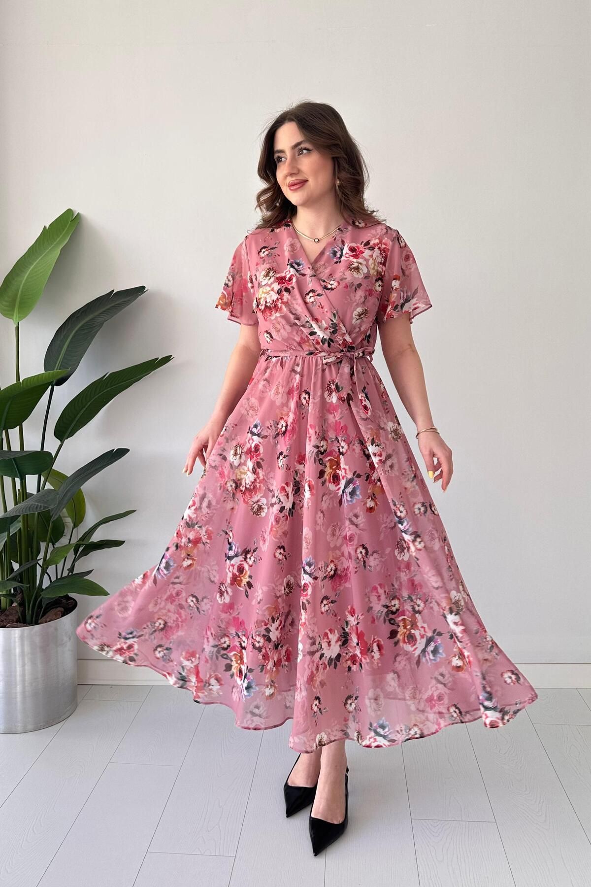 MaziButik Floral Şifon Elbise Pudra