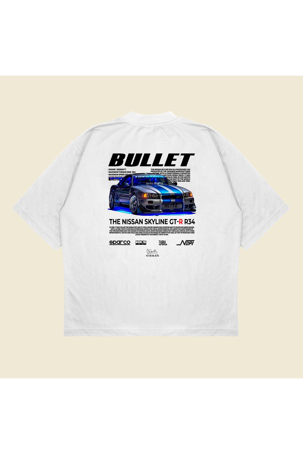 Tarzsokak Nissan Bullet Hızlı Ve Öfkeli Baskılı Oversize Unisex Pamuklu Nefes Alan Kalın Kum