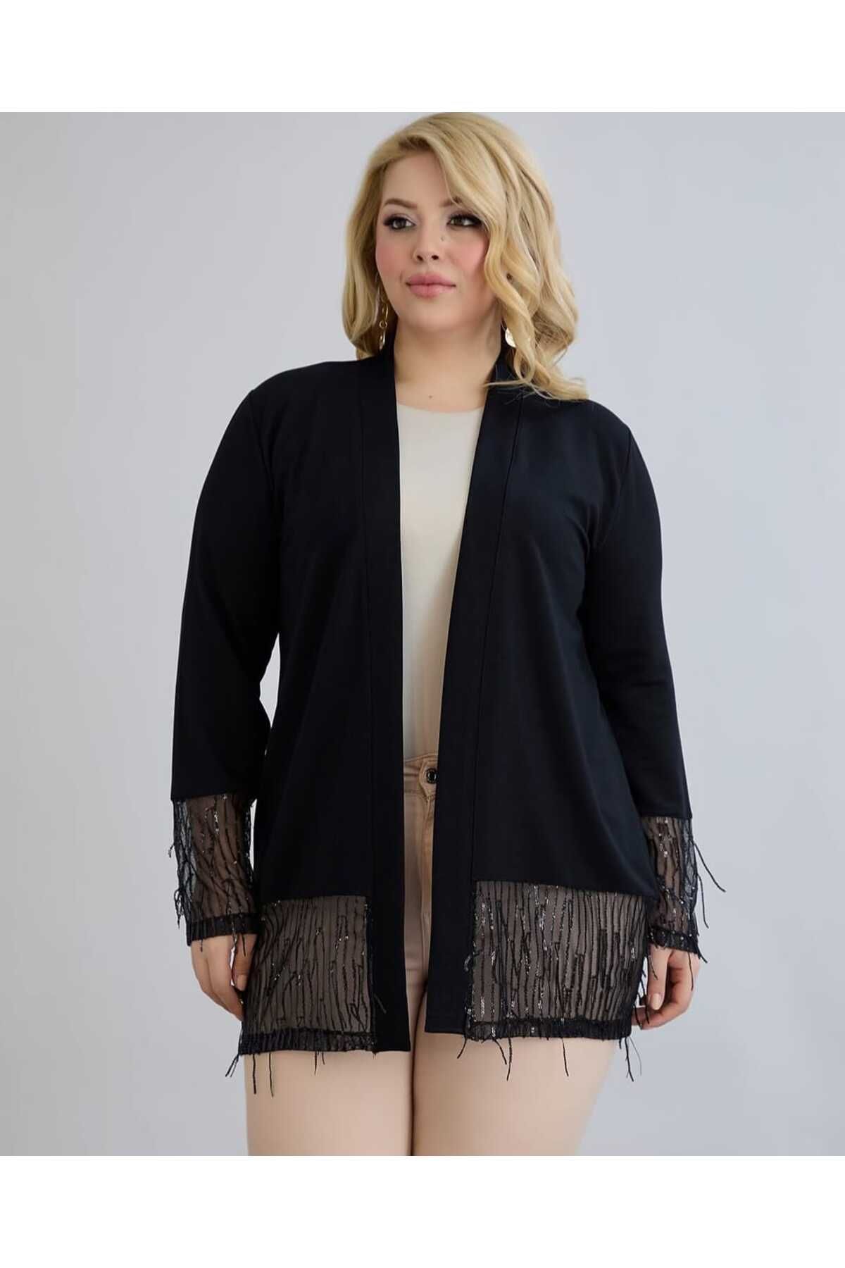 Esra Butik Hane Kadın Kristal Kumaş Kol Ve Etek Uçları Ithal Payetli Siyah Şık Hırka - Payetli Hırka
