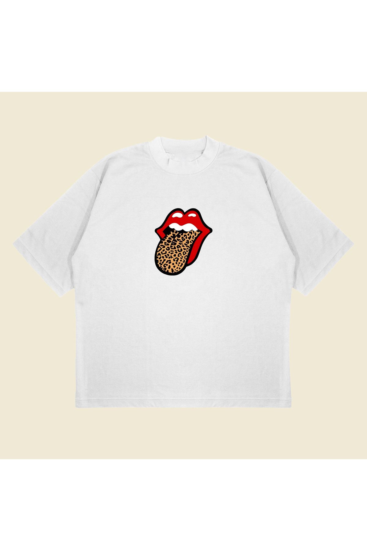 Tarzsokak Leopar Rolling Stones Baskılı Oversize Unisex Pamuklu Nefes Alan Kalın Kumaşlı