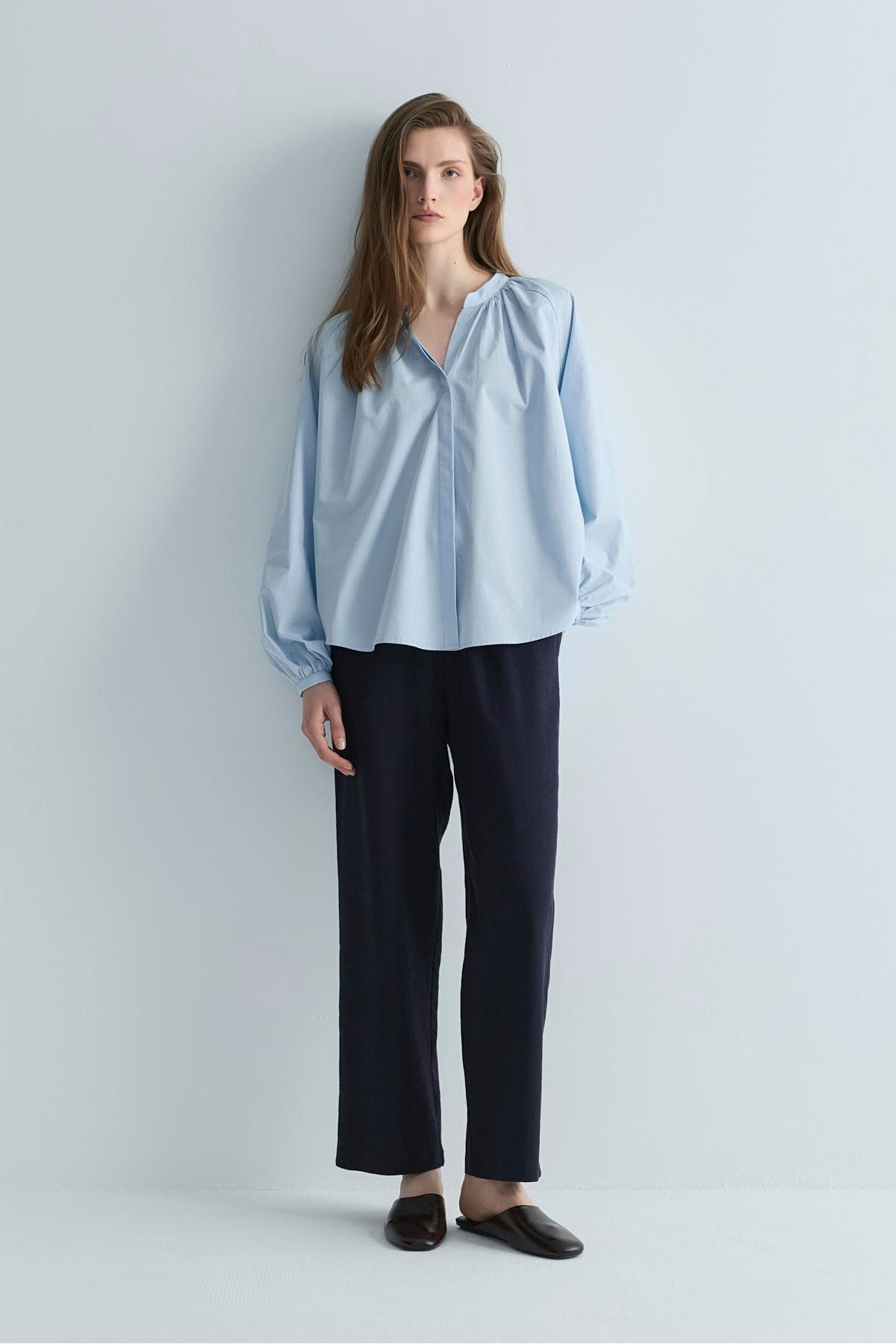 Suud Collection Lacivert Zoe Beli Lastikli Keten Pantolon