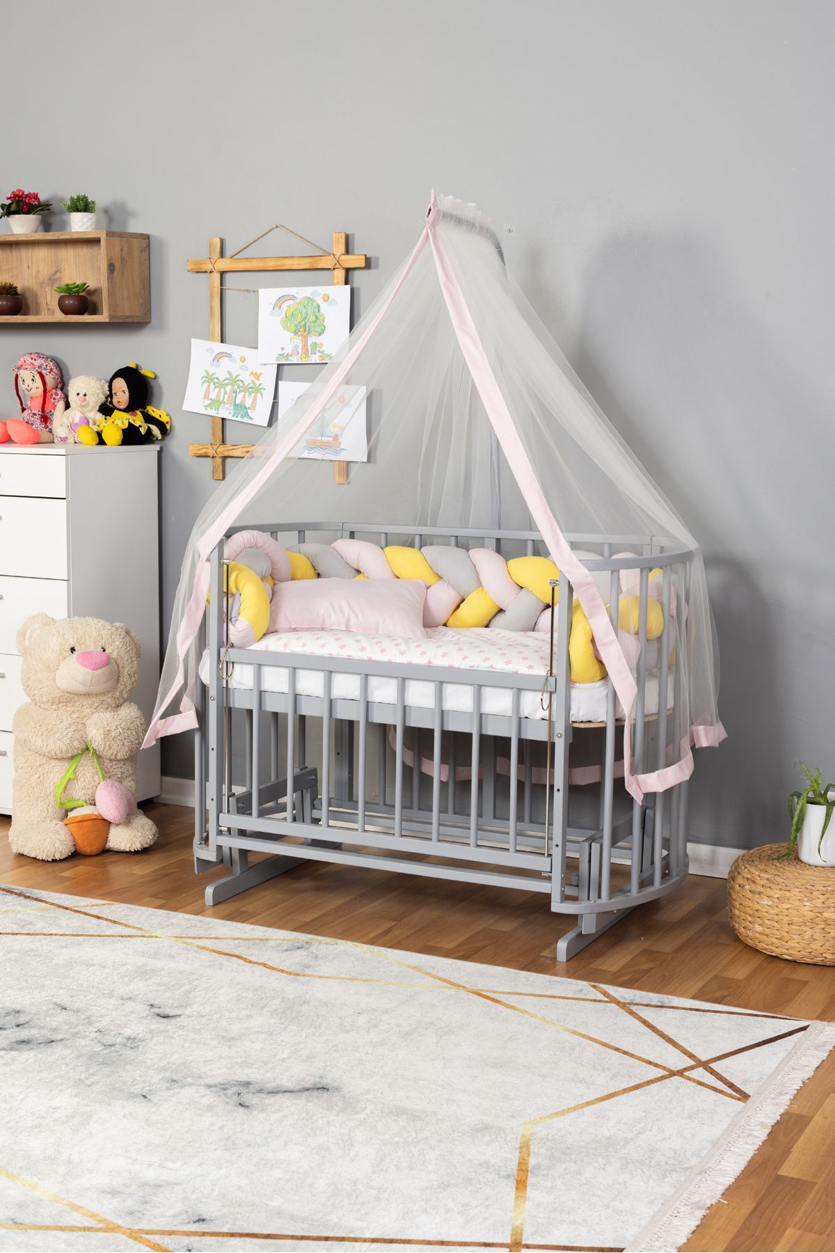 Carino Wins Ahşap Beşik Anne Yanı Yeni Doğan Papatya GRİ Bebek Beşiği PEMBE SARI ÖRGÜ UYKU SETLİ