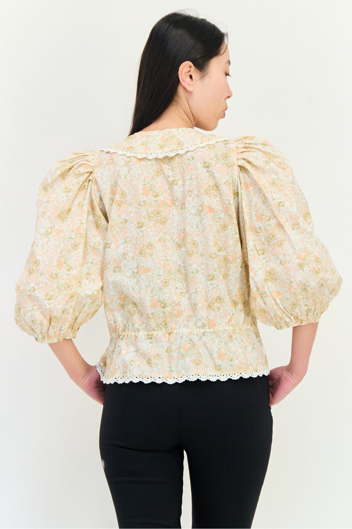 Maje-Women Tie Neck 3/4 Sleeves Allover Print Blouse, Floral 2