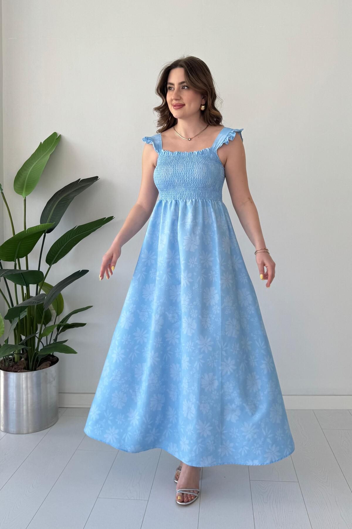 MaziButik Gipeli Maksi Floral Elbise Bebe Mavi