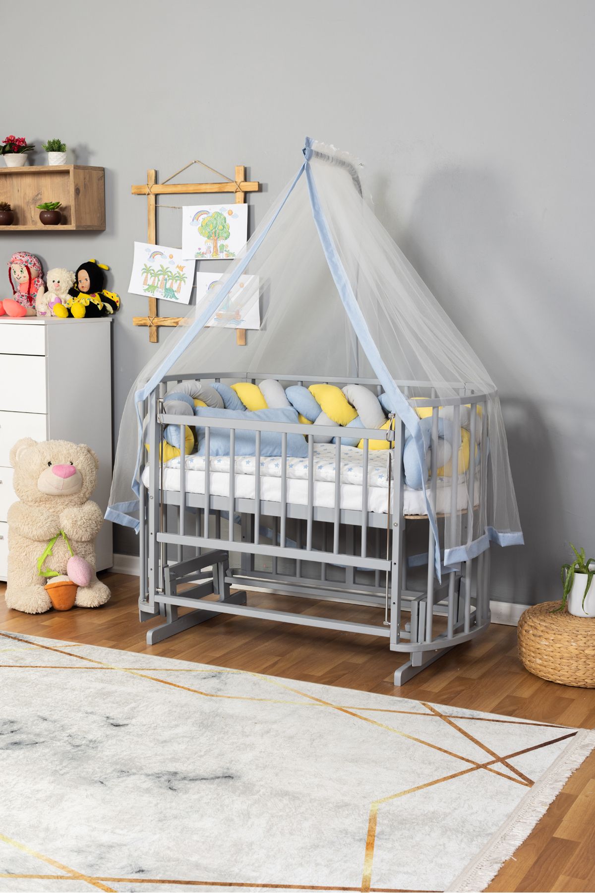 Carino Wins Ahşap Beşik Anne Yanı Yeni Doğan Papatya GRİ Bebek Beşiği MAVİ SARI ÖRGÜ UYKU SETLİ