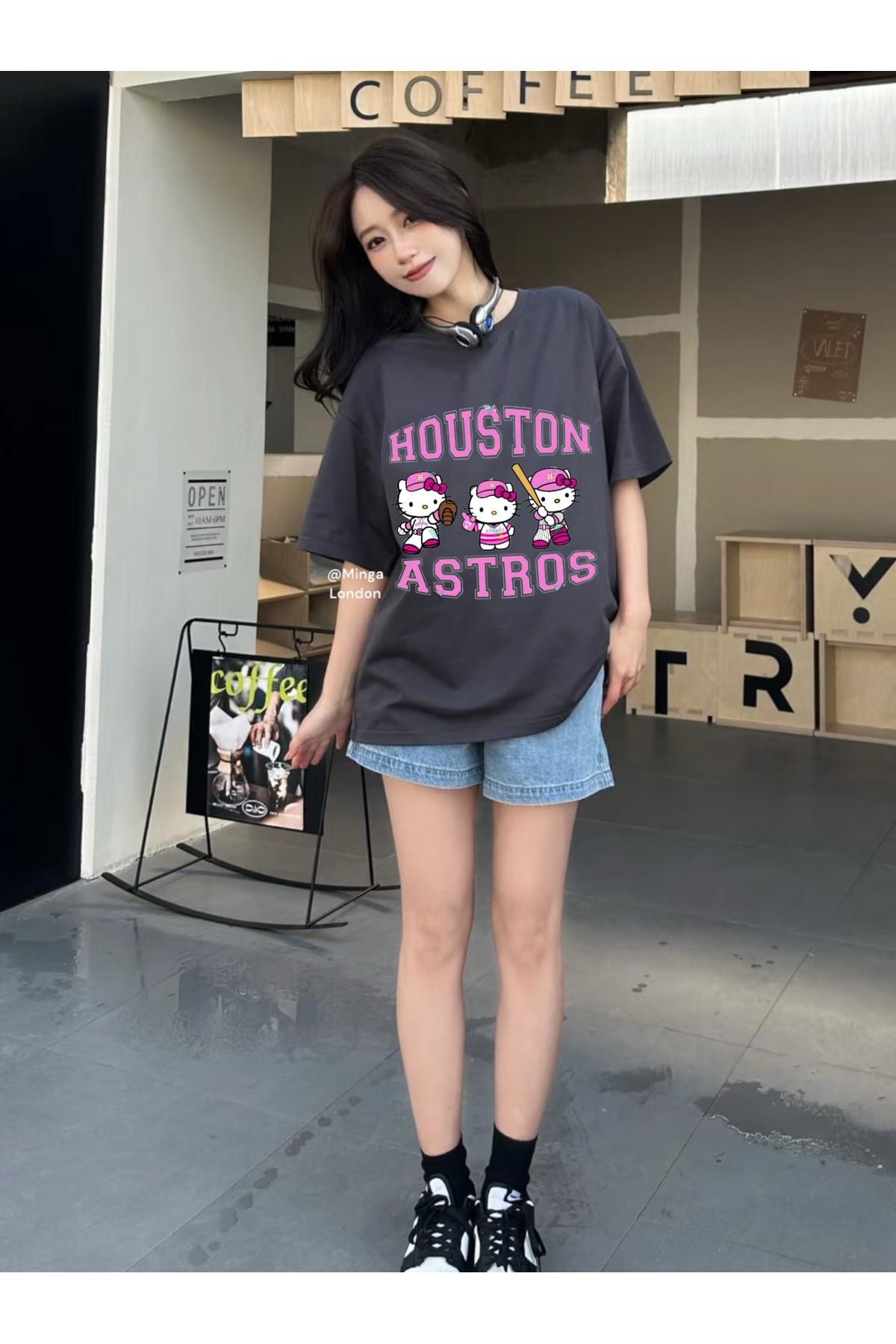Minga London Füme Hello Kitty Houston Astros Ön Baskılı Oversize Unisex Tshirt -Ghostella
