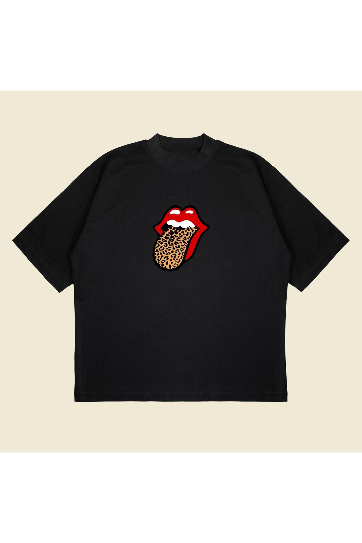 Tarzsokak Leopar Rolling Stones Baskılı Oversize Unisex Pamuklu Nefes Alan Kalın Kumaşlı