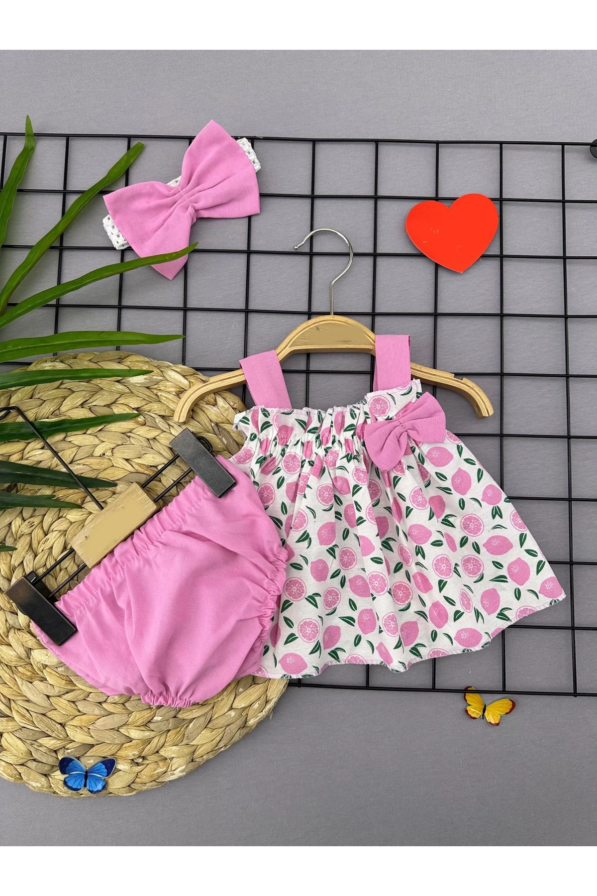 onlinebutik Bandajlı Ve Kilotlu Meyve Desenli Askılı 3lü Kız Bebek Elbisesi Pembe