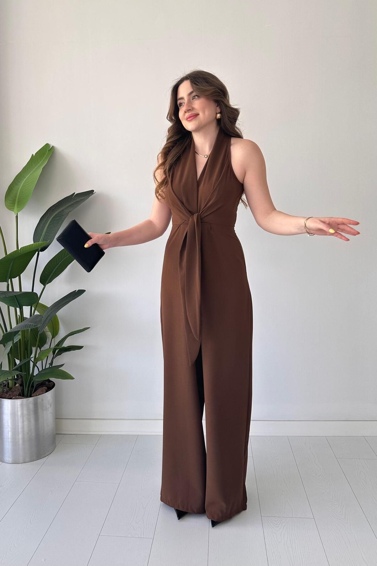 MaziButik Ön Bağlama Tulum Kahve