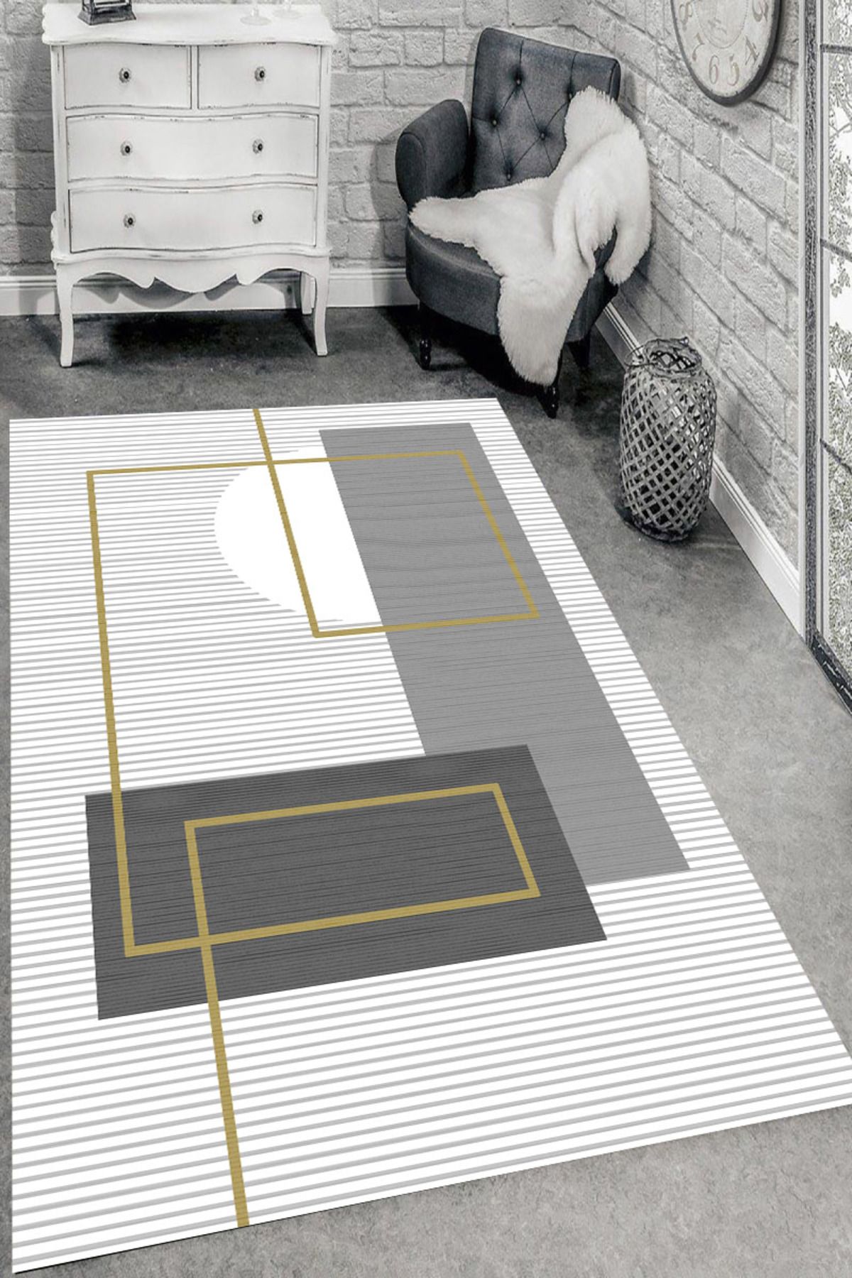 MKYHOME Makinede Yıkanabilir Kaymaz Taban Leke Tutmaz Gri Çizgili Salon ve Yolluk Halısı