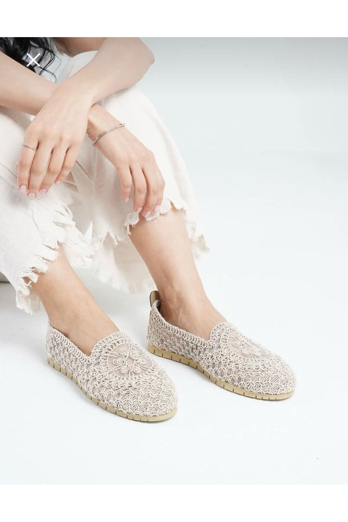 Shoebuo Woman Bej Çiçek Nakış Triko Hasır Babet Rahat Tabanlı Günlük