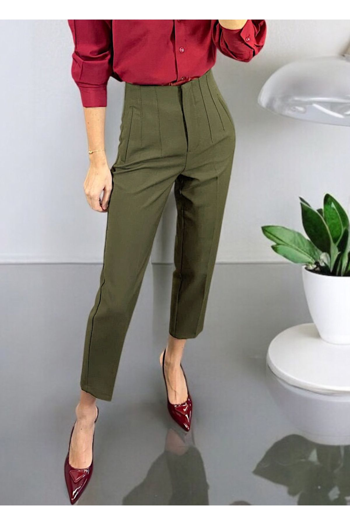 studio fashion 1988 Kadın Karol Premium Önü Flatolu Biyeli Yüksek Bel Zr Model Kumaş Boru Paça Havuç Pantolon