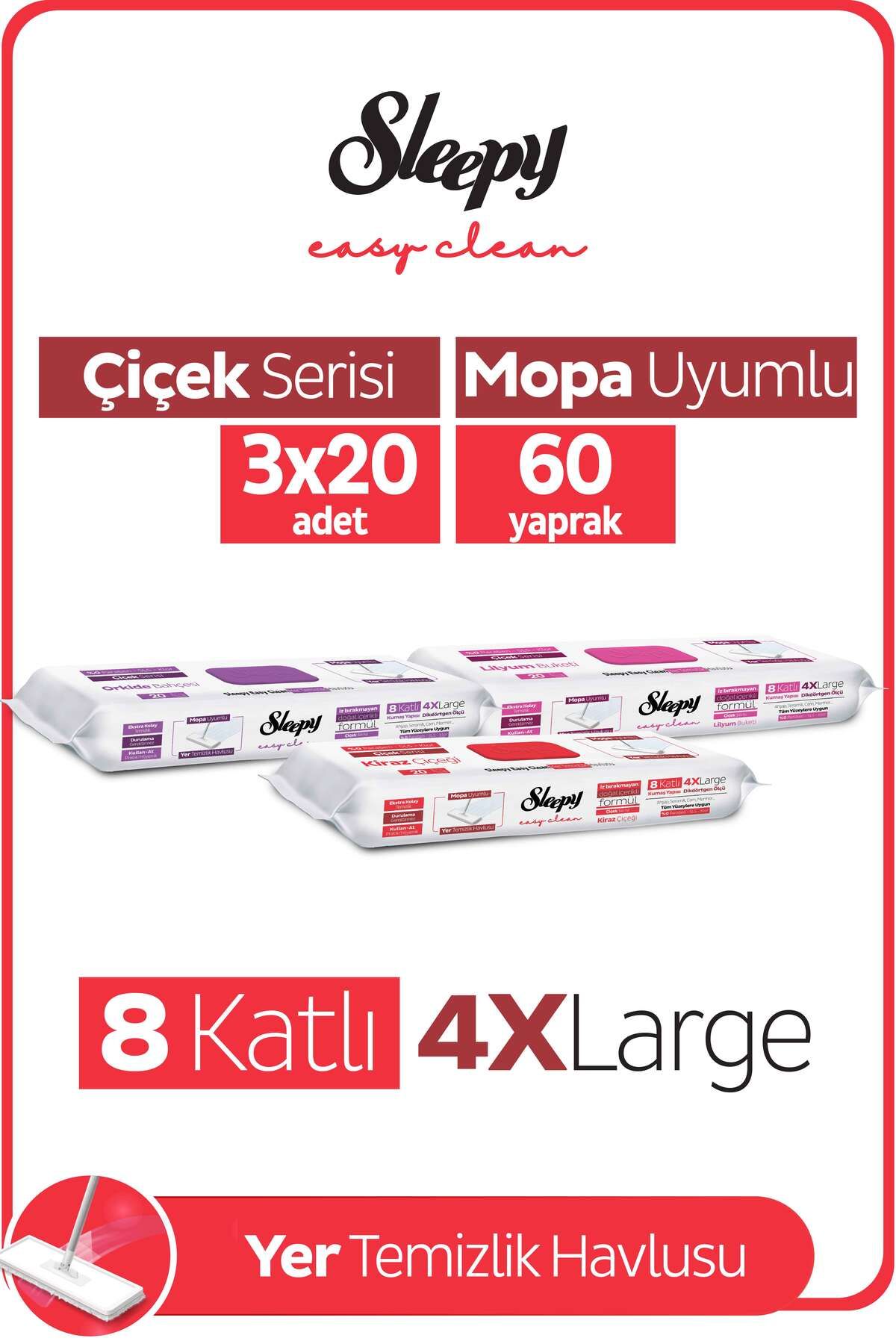 Sleepy Easy Clean Lilyum+Kiraz Ç+Orkide Mopa Uyumlu Yer Temizlik Havlusu&Mendili 3X20 (60 Yaprak)