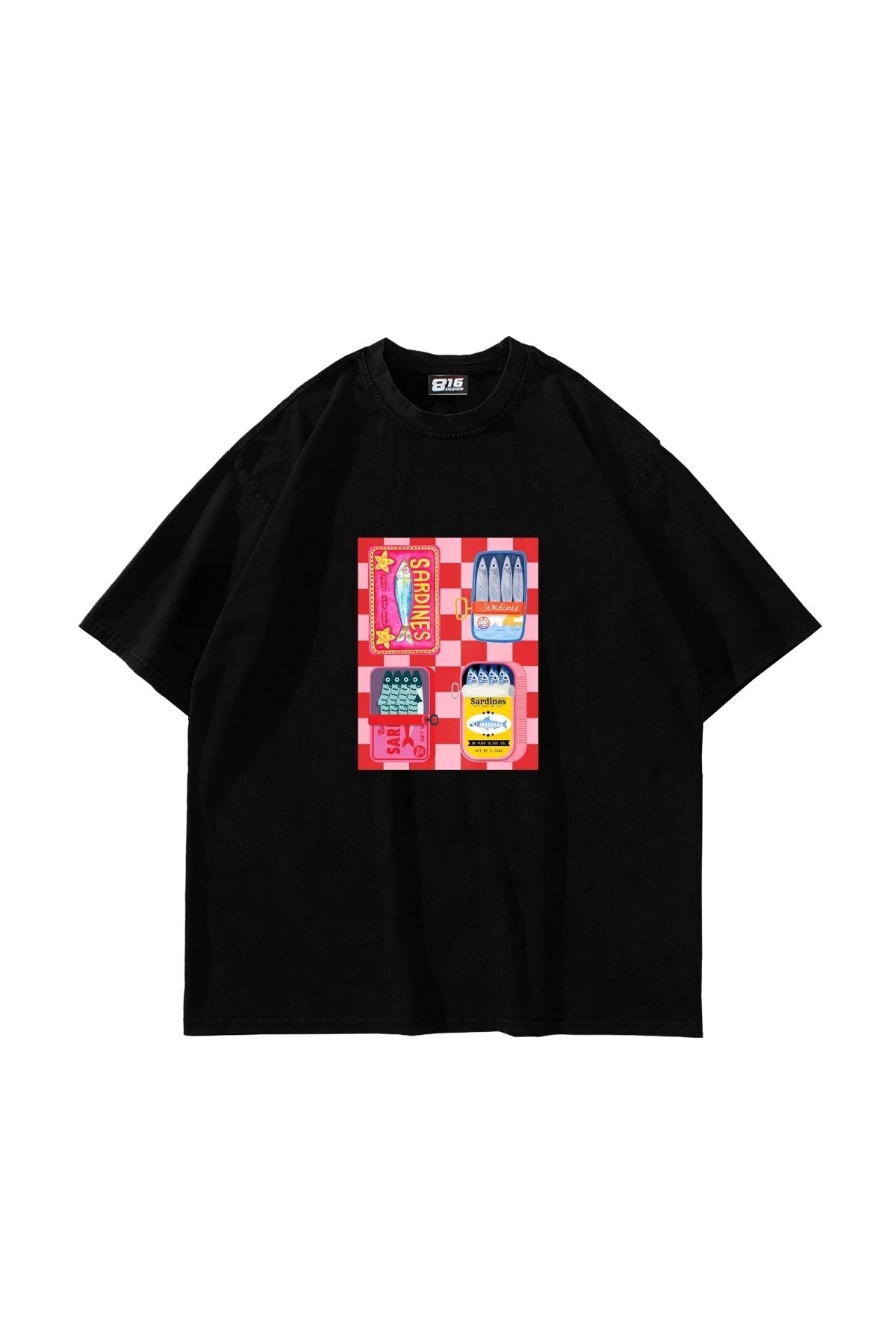 Tarzsokak Sardines Baskılı Oversize Unisex Siyah