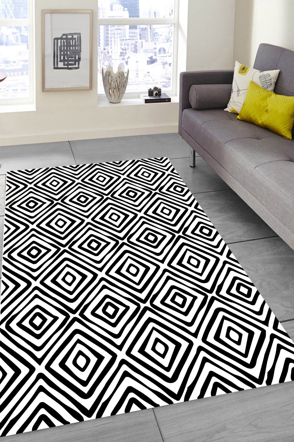 MKYHOME Makinede Yıkanabilir Kaymaz Taban Leke Tutmaz Geometrik Desenli Salon ve Yolluk Halısı