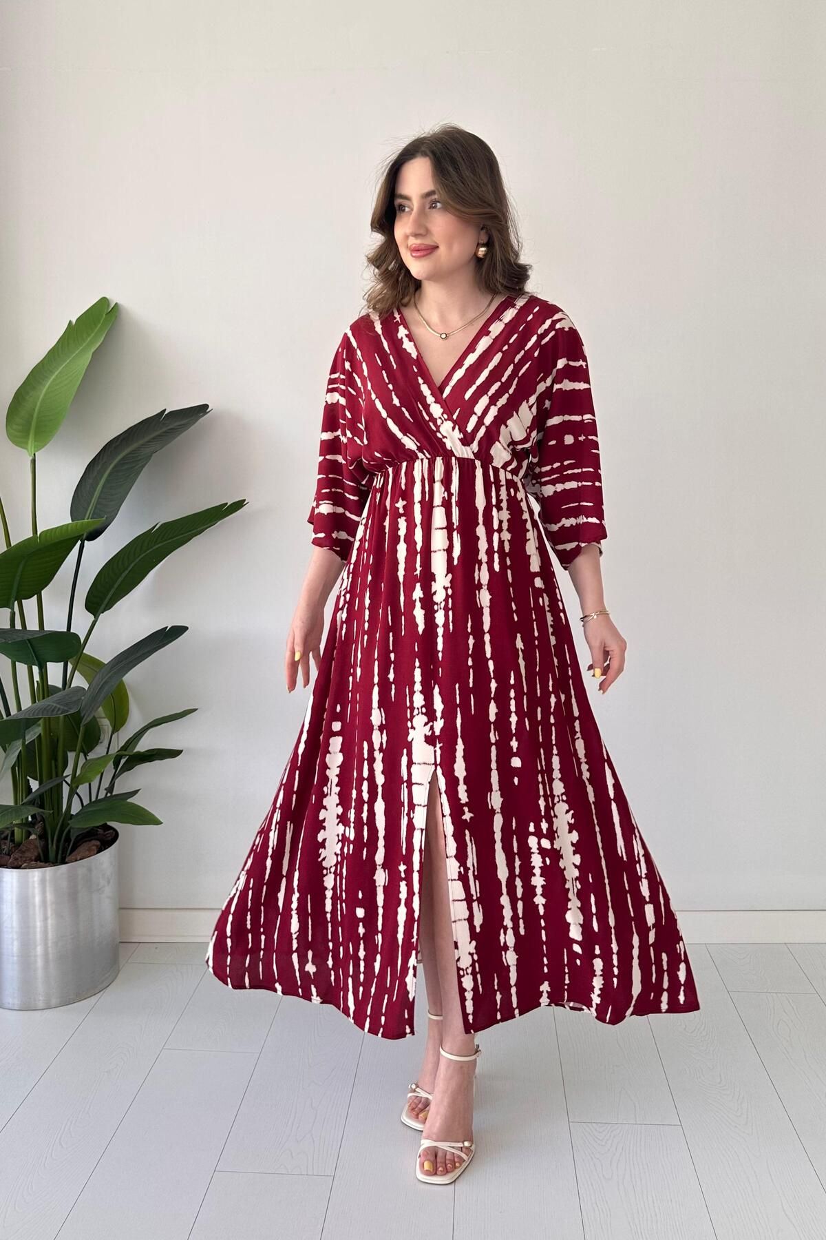 MaziButik Star Yarasa Elbise Bordo
