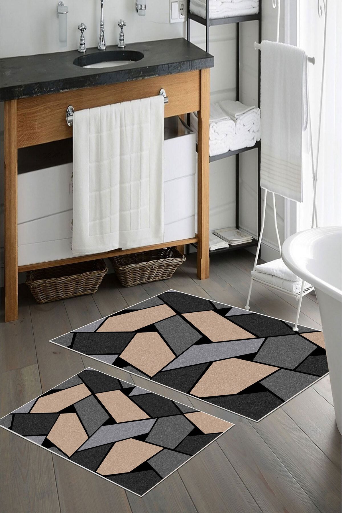 nova century Kaymaz Taban Yıkanabilir 2’li Banyo Paspası - Nova Bath Desenli 60*100 Cm - 50*60 Cm