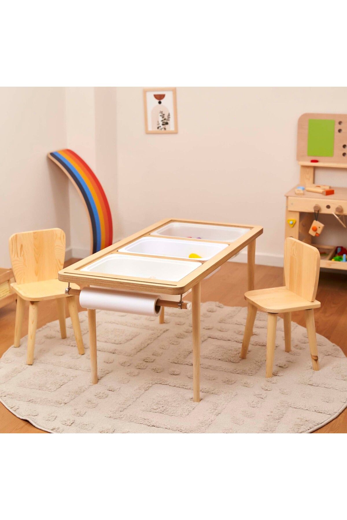 Monti Mania Montessori Huş Çocuk Aktivite Masası 3 Sepet Beyaz/kara Tahtalı Rulo Kişiselleştirilebilir 2-6 Yaş