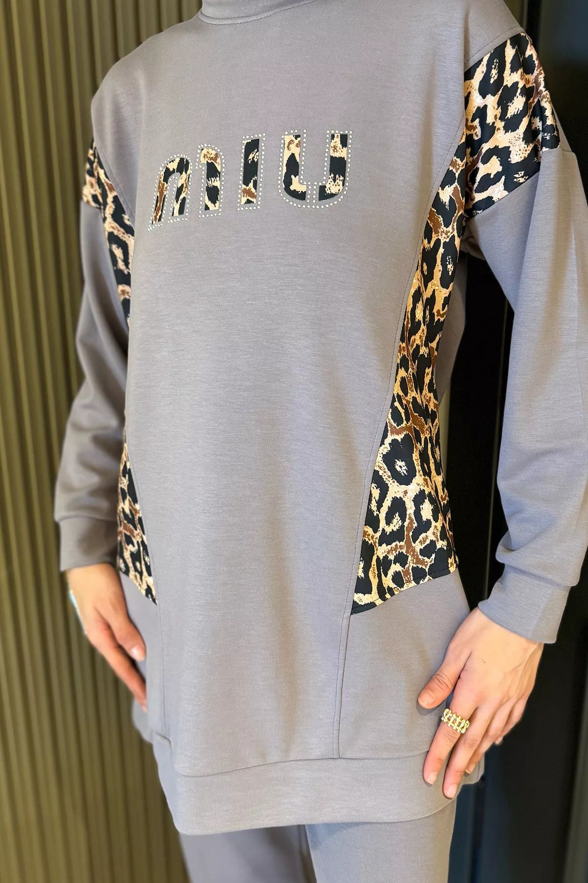 julude-Gray Leopard Patterned Large Size Tunic Pants Hijab Double Set 3