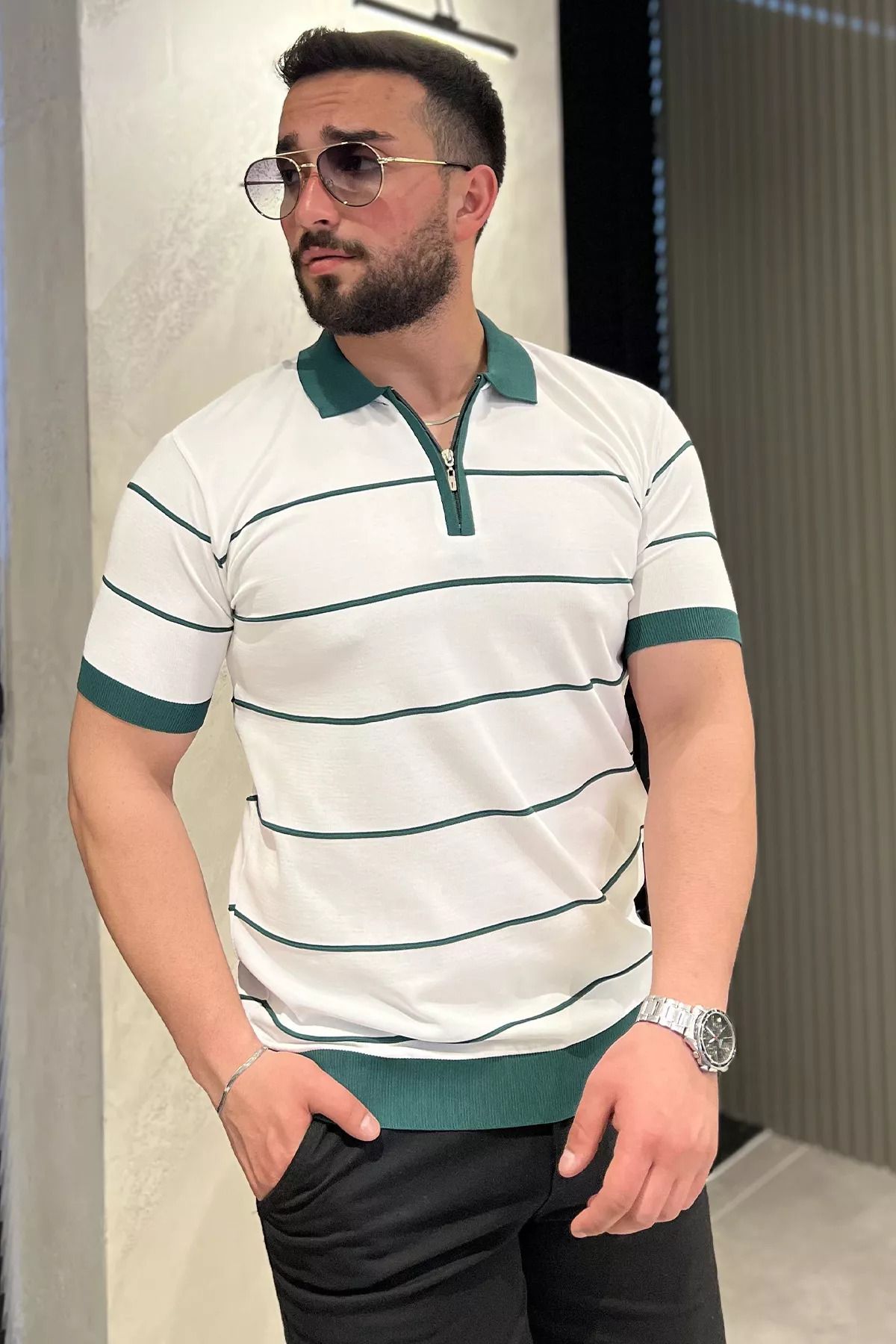 MİSHAR İTALİA Beyazyeşil Erkek Polo Yaka Yarım Fermuarlı Çizgi Desenli Triko Tişört
