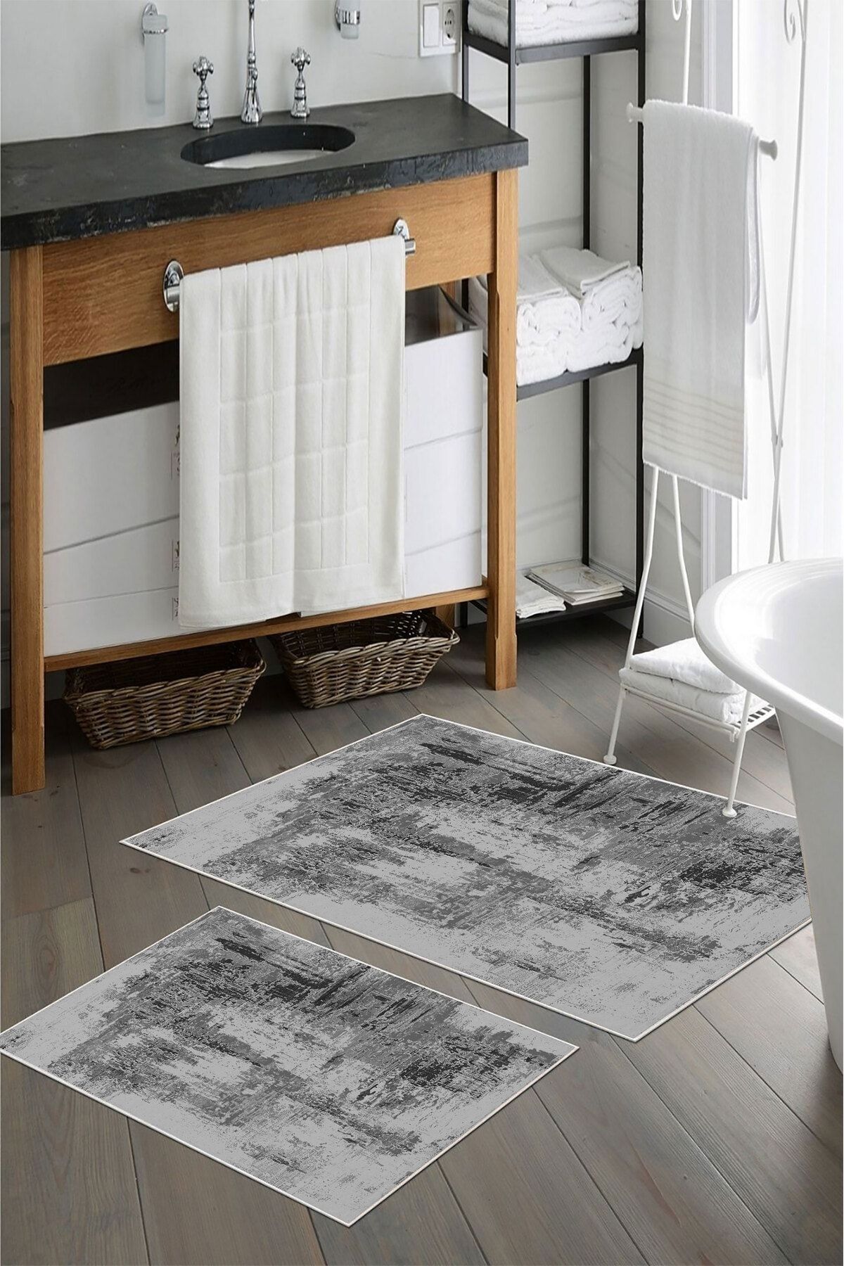 nova century Kaymaz Taban Yıkanabilir 2’li Banyo Paspası - Nova Bath Desenli 60*100 Cm - 50*60 Cm