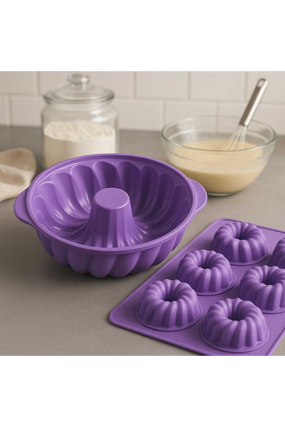 CKM silikon silikon yuvarlak kek kalıbı ve figürlü 6lı tepsi muffin kalıp mor kek kalıbı