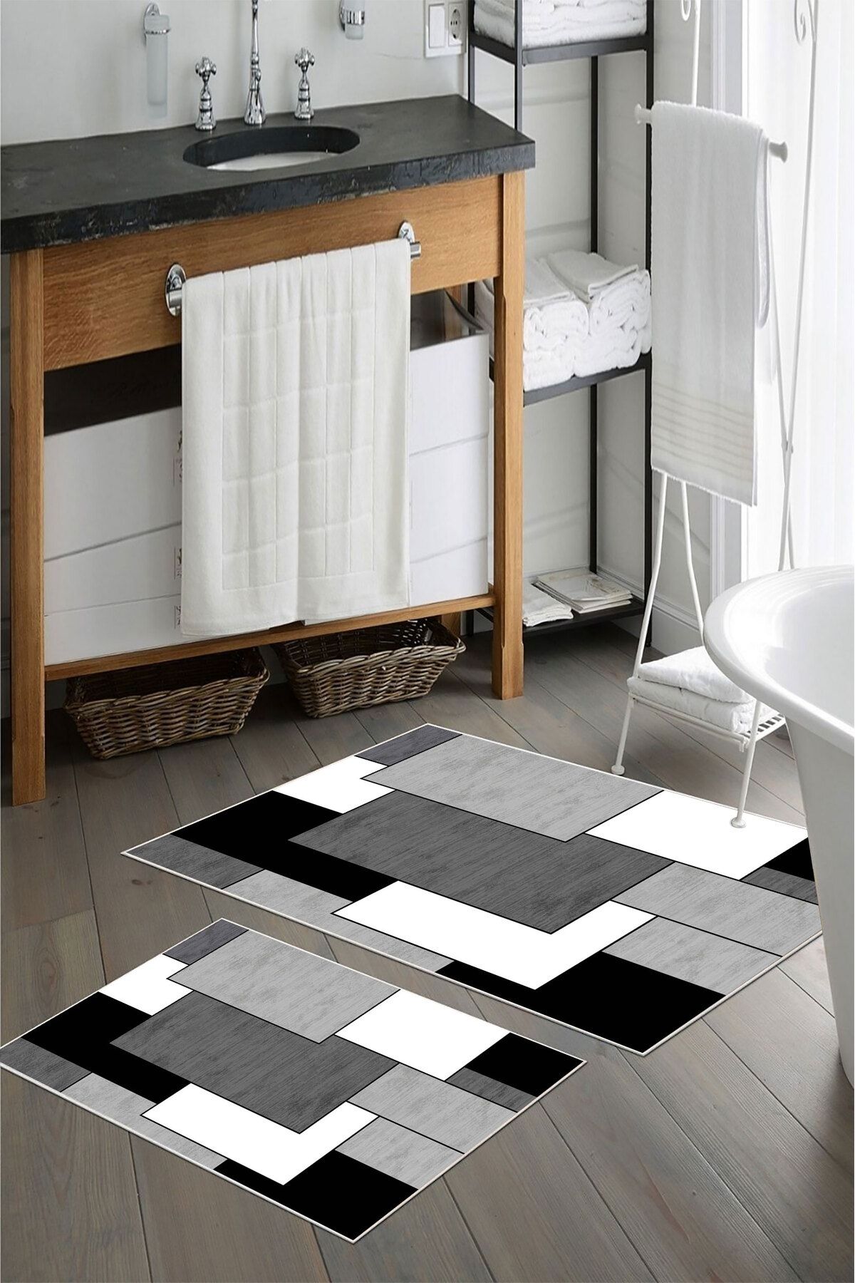 nova century Kaymaz Taban Yıkanabilir 2’li Banyo Paspası - Nova Bath Desenli 60*100 Cm - 50*60 Cm
