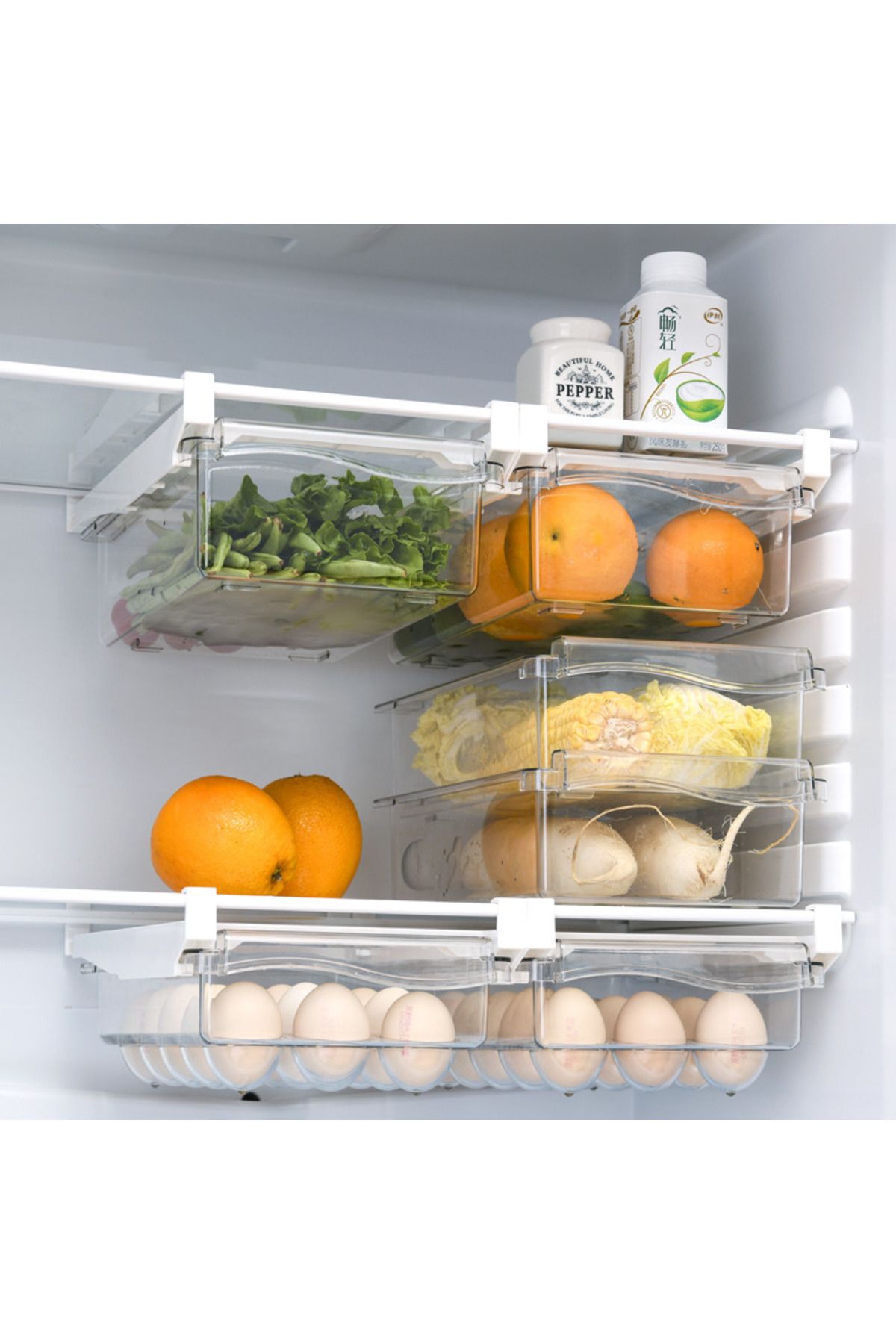 Viyogo-Set of 2 boxes for storing vegetables and 15 eggs with support, attaches to the refrigerator shelf 7