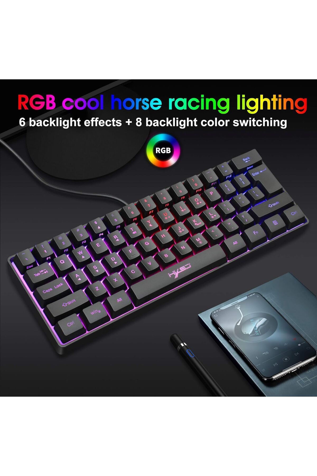 fulina-Mini 61-key wired mechanical keyboard, RGB backlight switch, 5-speed brightness adjustment, black 3
