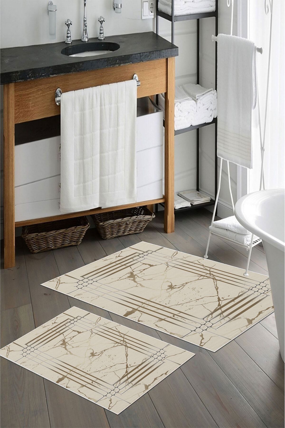 nova century Kaymaz Taban Yıkanabilir 2’li Banyo Paspası - Nova Bath Desenli 60*100 Cm - 50*60 Cm