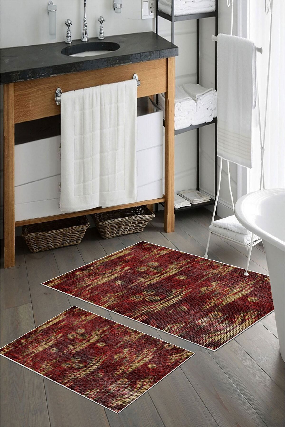 nova century Kaymaz Taban Yıkanabilir 2’li Banyo Paspası - Nova Bath Desenli 60*100 Cm - 50*60 Cm
