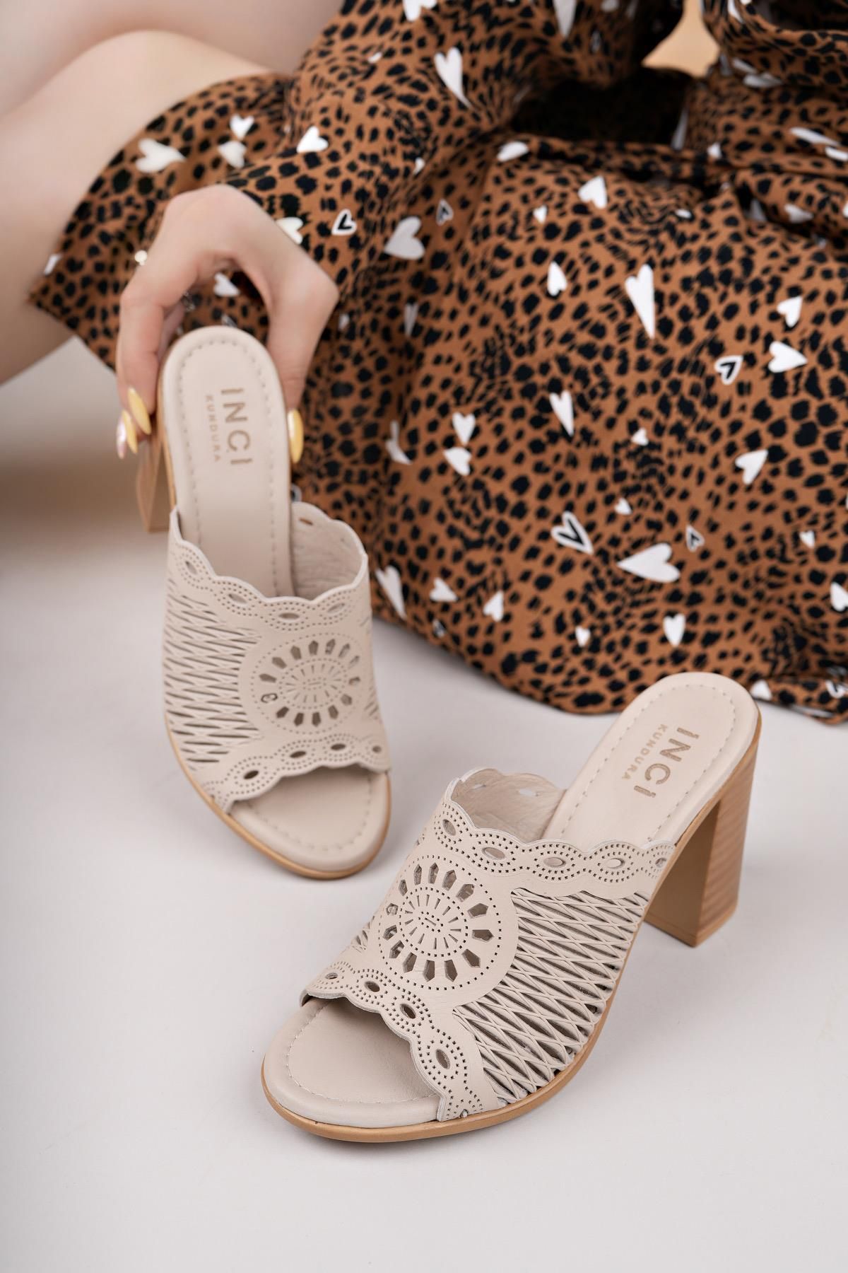 Nesil Shoes MyShoes 2200 Bej Hakiki Soft Deri Kadın Topuklu Terlik