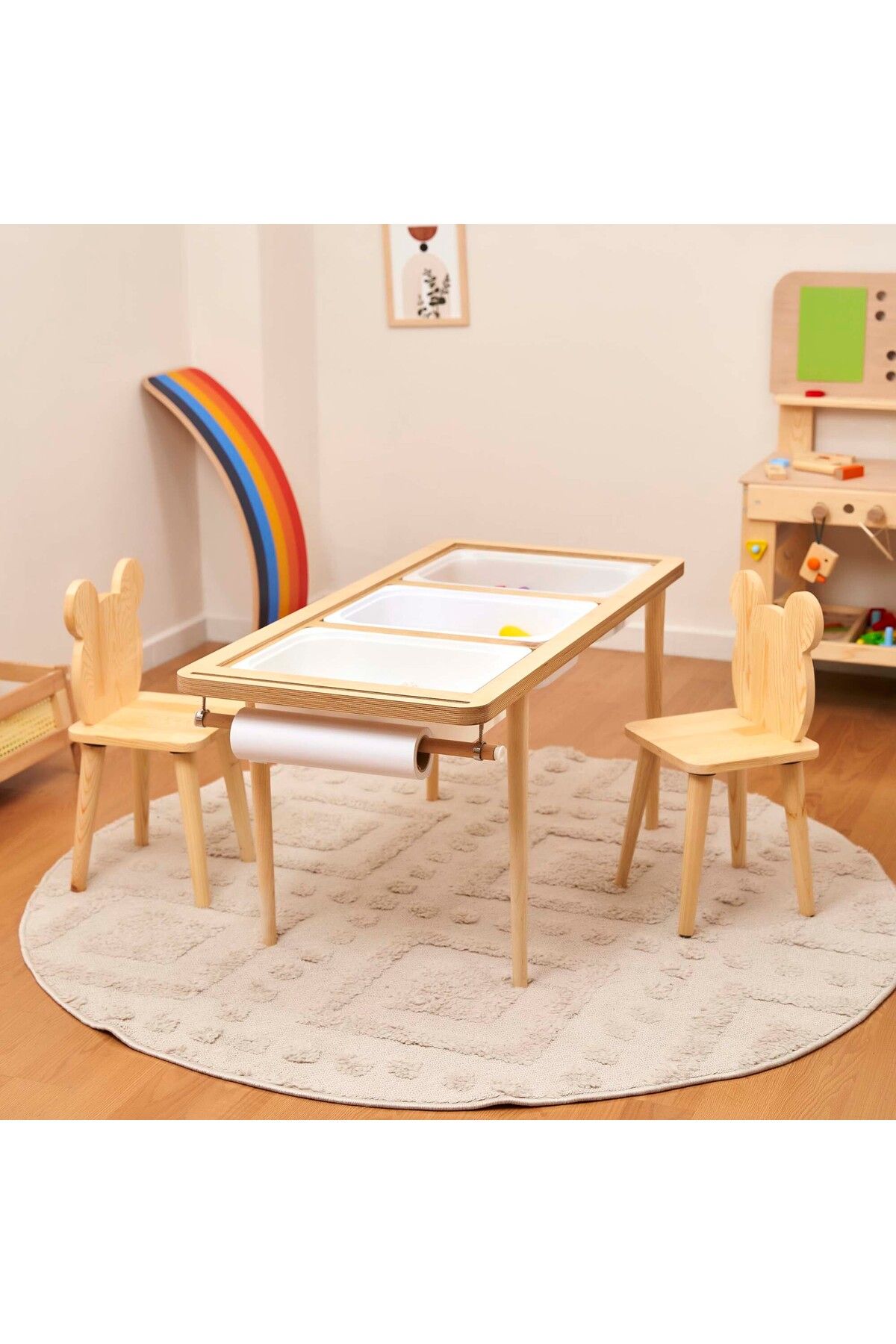 Monti Mania Montessori Huş Çocuk Aktivite Masası 3 Sepet Beyaz/kara Tahtalı Rulo Kişiselleştirilebilir 2-6 Yaş