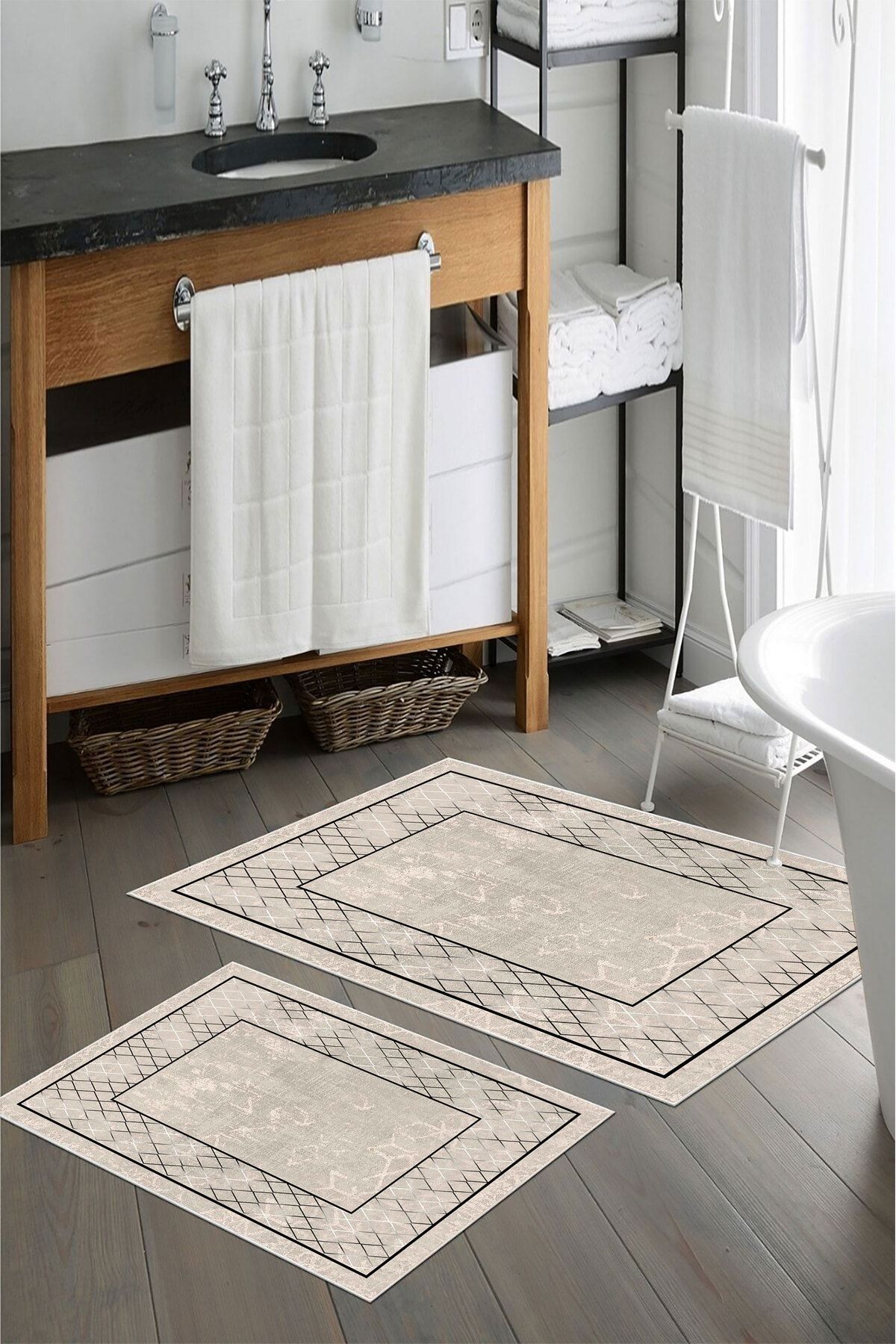 nova century Kaymaz Taban Yıkanabilir 2’li Banyo Paspası - Nova Bath Desenli 60*100 Cm - 50*60 Cm