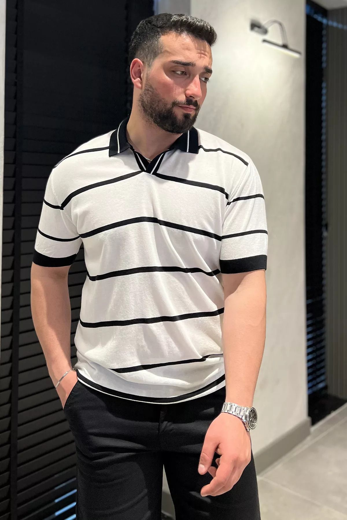 MİSHAR İTALİA Beyazsiyah Erkek Polo Yaka Çizgi Desenli Triko Tişört