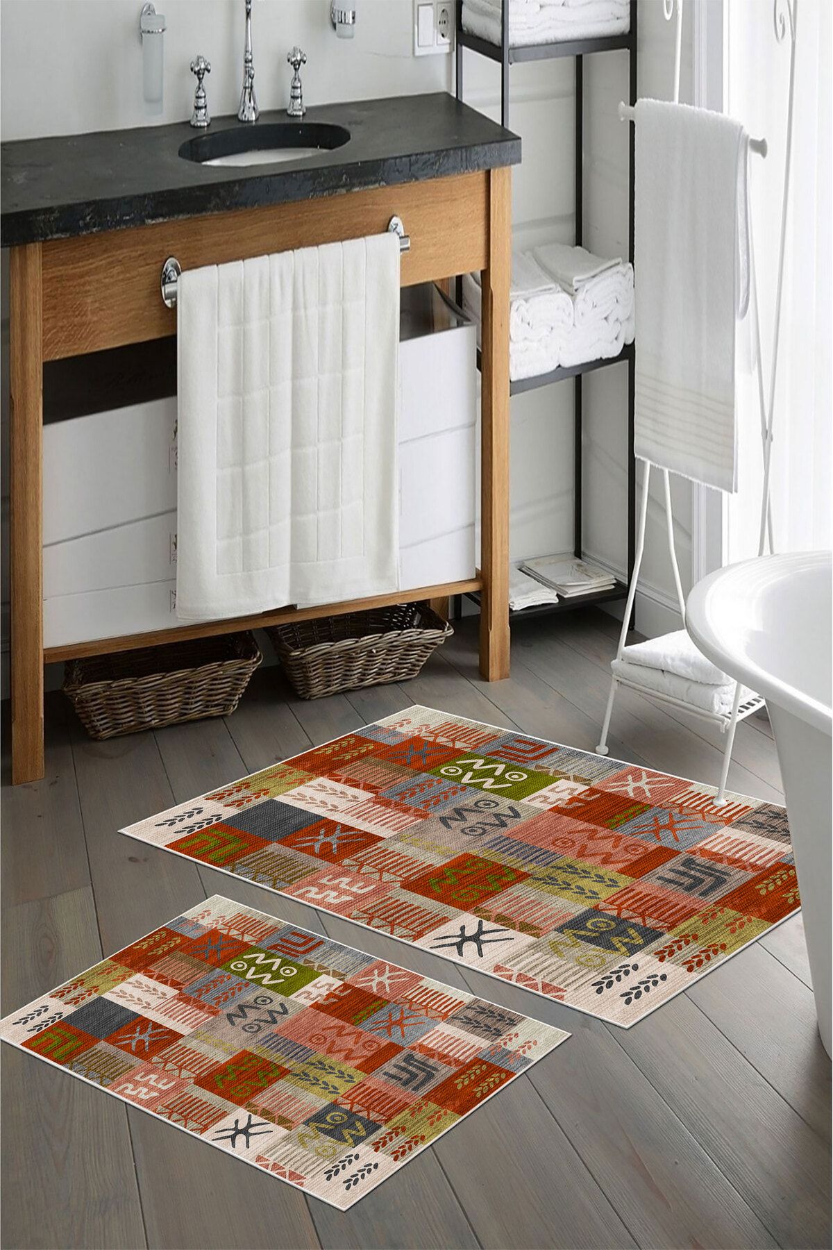 nova century Kaymaz Taban Yıkanabilir 2’li Banyo Paspası - Nova Bath Desenli 60*100 Cm - 50*60 Cm